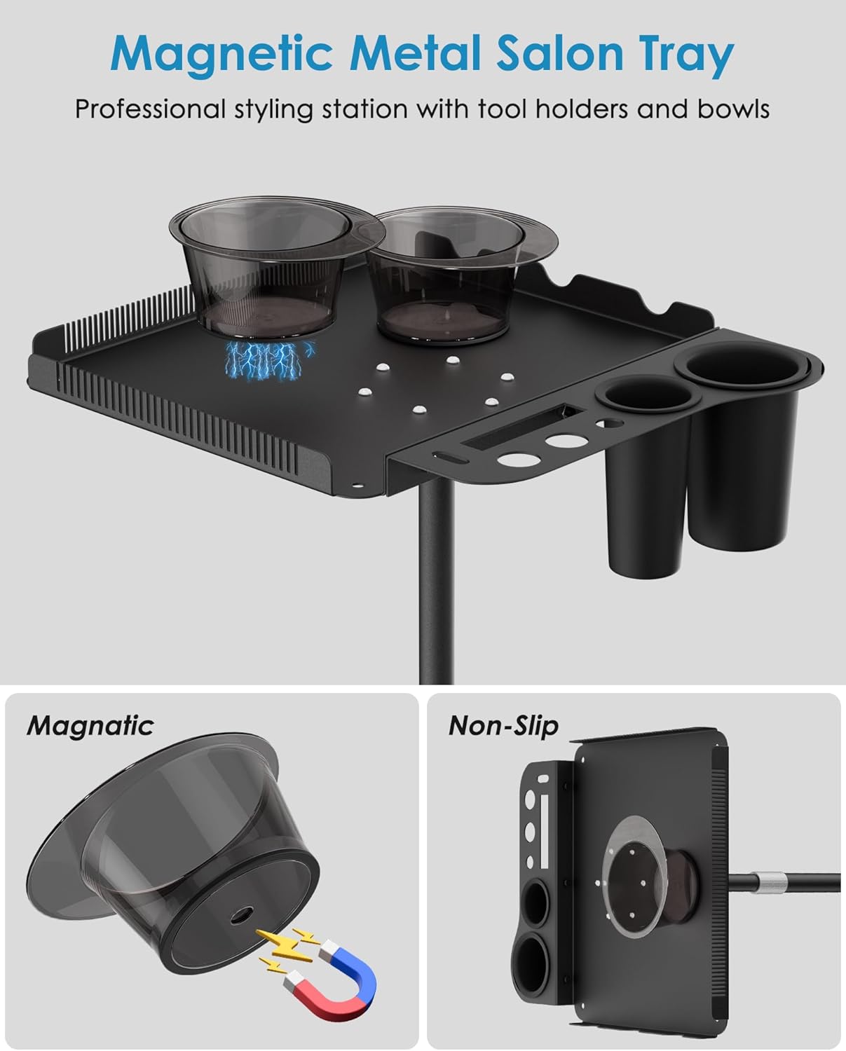 Rolling Salon Tray with Magnetic Bowls - Multi-Function Metal Cart for Tattoo & Hairstylist | Adjustable Height, Easy Mobility