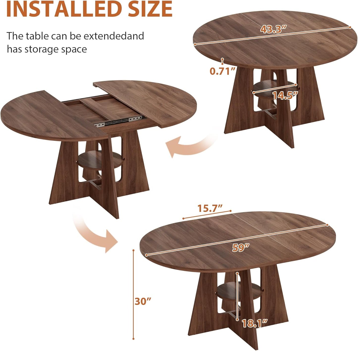 Extendable Round Dining Table for 4-8 | Modern Kitchen Design with Storage Shelf - 43.3in to 59in