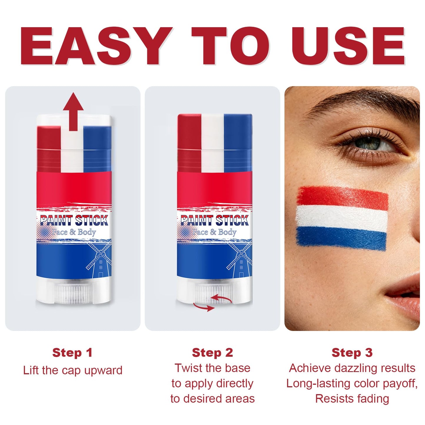 Red White and Blue Face Paint Stick - Sweatproof High Pigment for World Cup Fans | Party Accessories