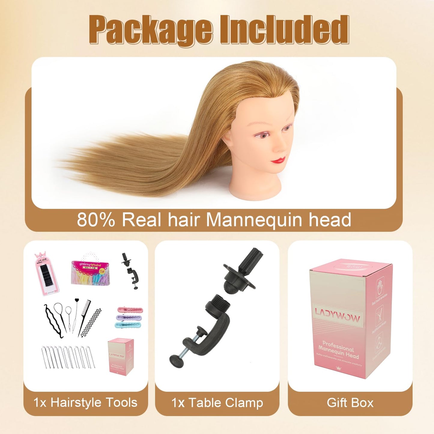 Mannequin Head - 80% Human Hair Styling Practice Tool | 28-Inch for Curling, Braiding, Cutting in Multiple Colors