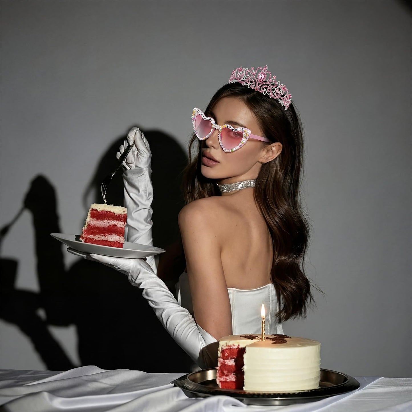 PcwBcn Birthday Baddie Glasses, Pink Birthday Queen Sash Tiara Crown for Women Girls, 3 Pcs Elegant Princess Headband Hair Accessories Happy Birth Party Decorations 21st-90th Mom Birth Gifts