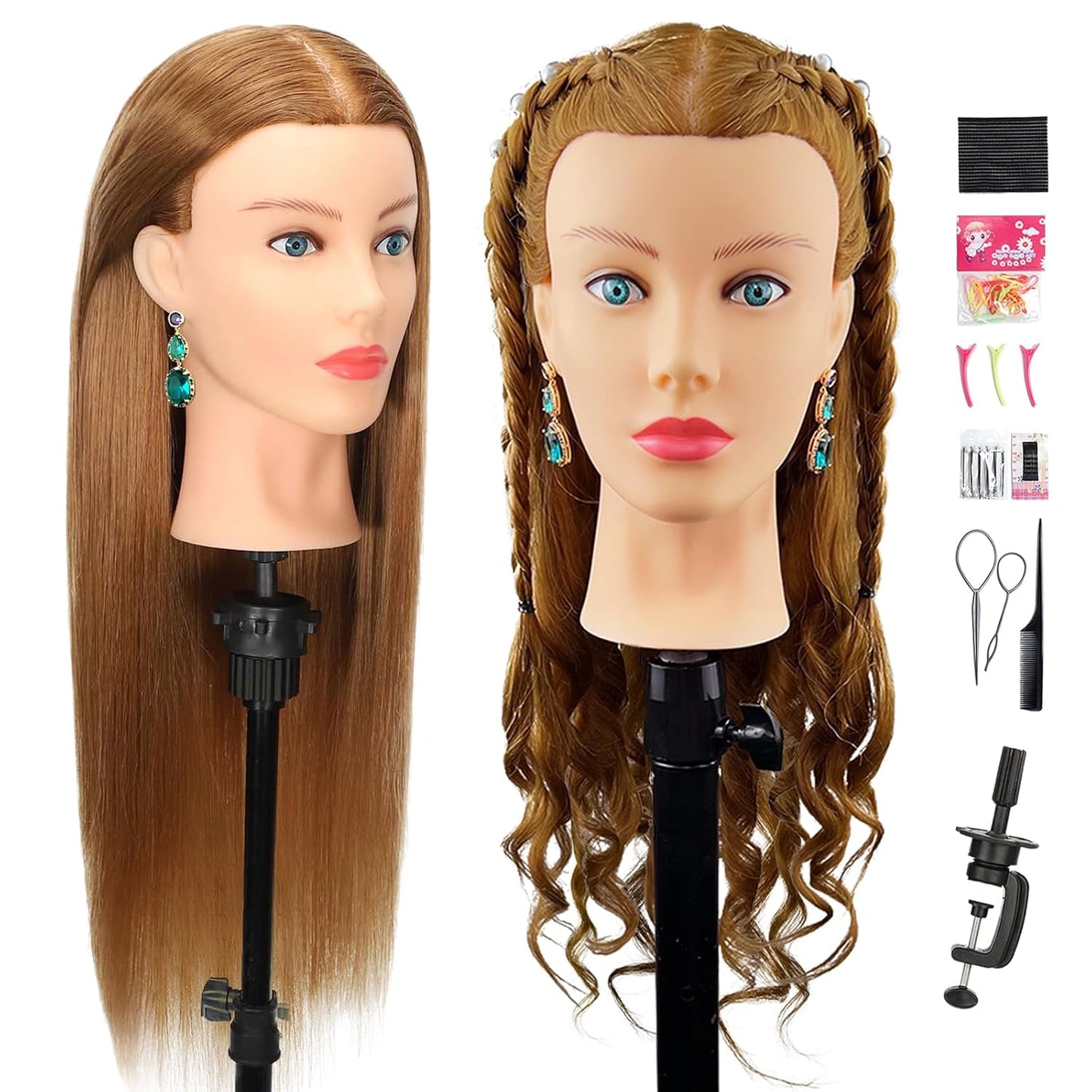Human Hair Mannequin Head - 80% Real Hair Cosmetology Doll for Hairdresser Practice | Amber Brown with Tripod Stand & Clamp