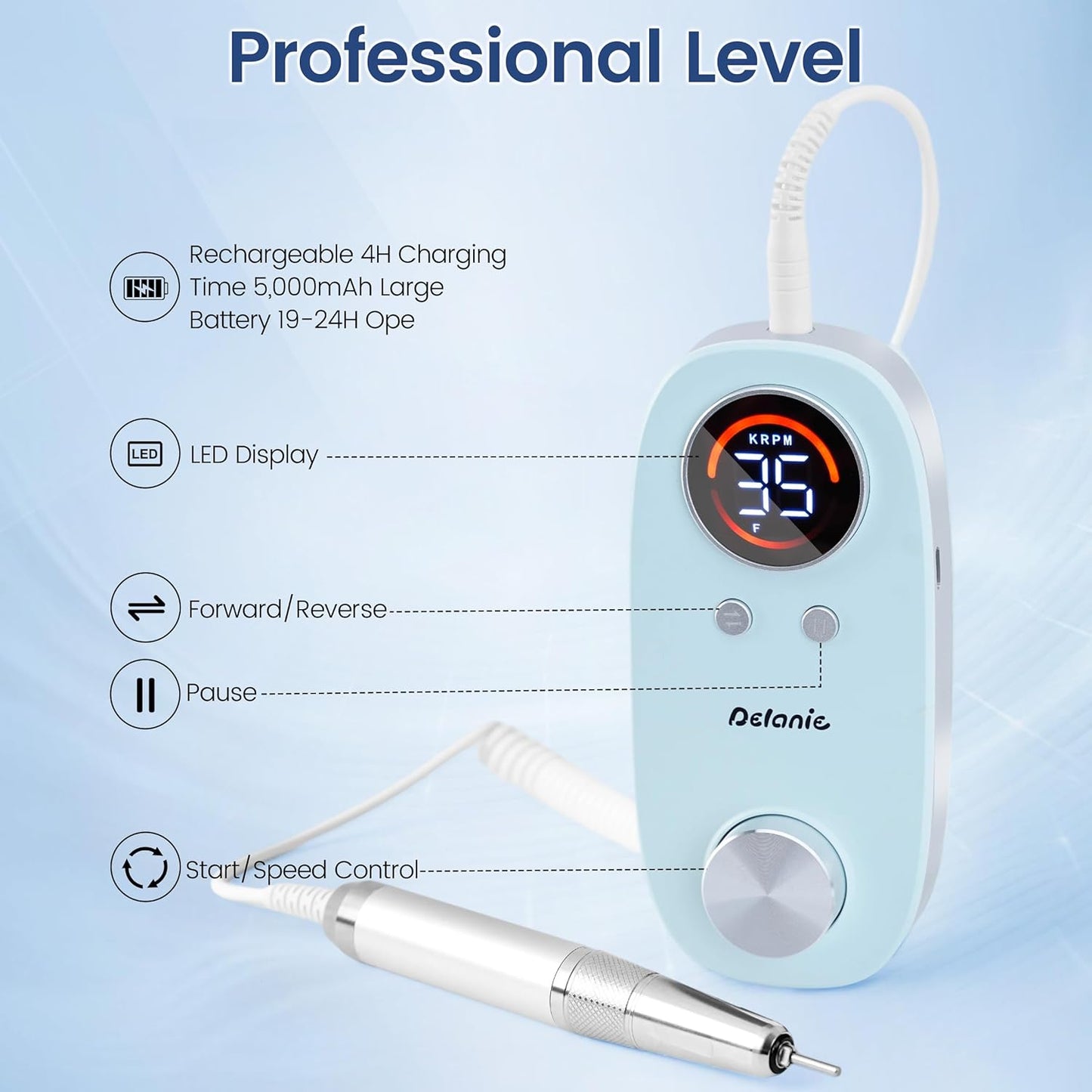 Rechargeable Nail Drill - 35000 RPM Efile for Acrylic & Gel Nails | Portable Electric Manicure & Pedicure Tool, Blue