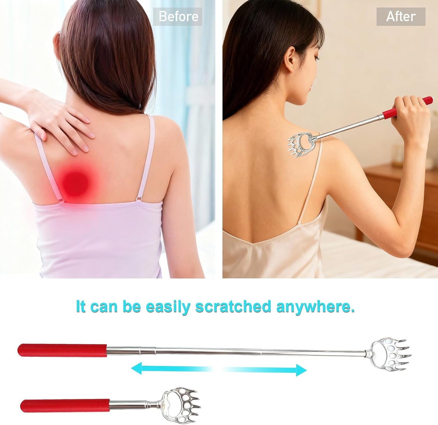 Extendable Metal Bear Claw Back Scratcher - 2 Pcs Set | Perfect for Men, Women, Adults - Red