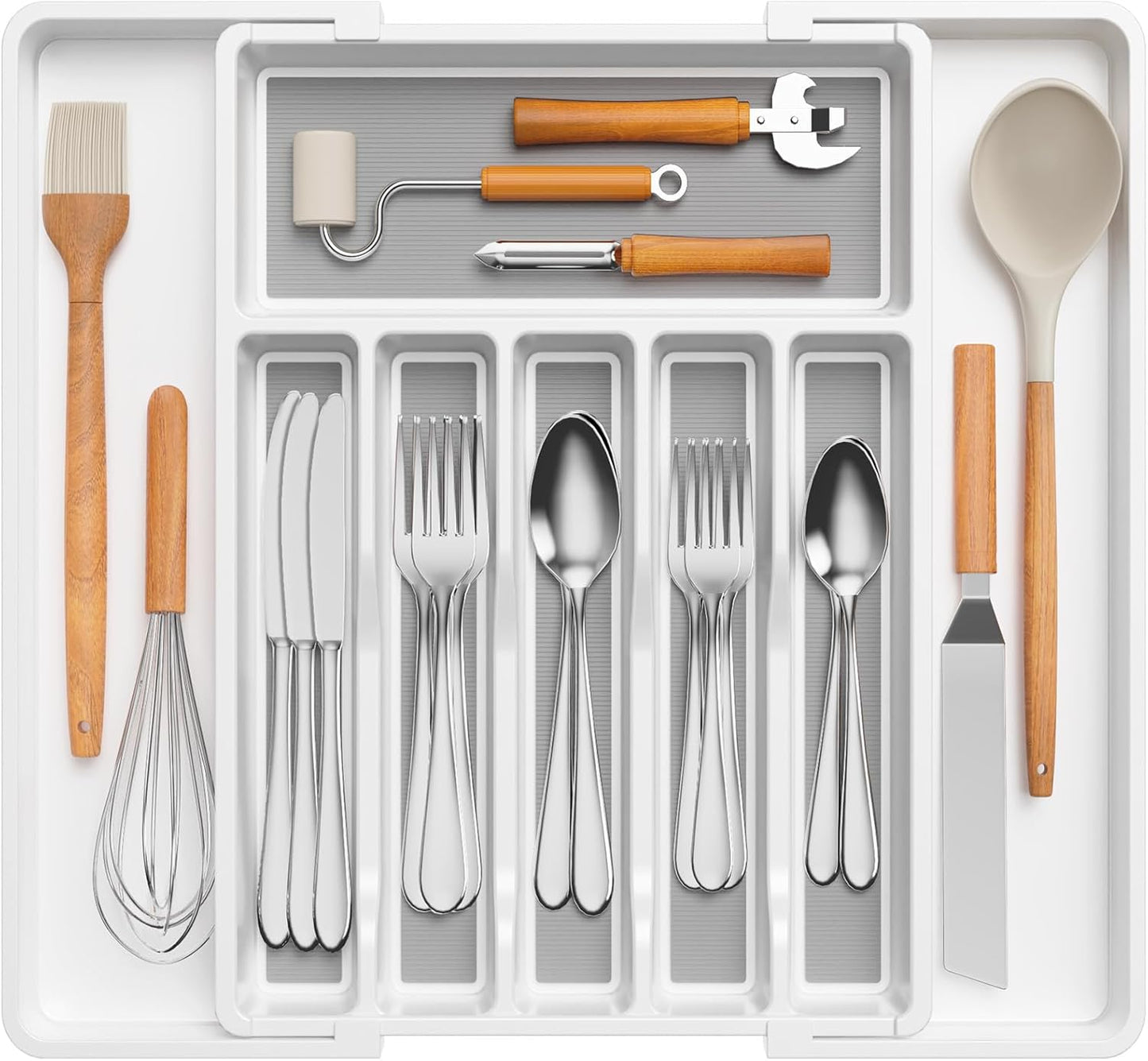 Expandable Silverware Organizer - BPA-Free Plastic Utensil Tray for Kitchen Drawer | Space-Saving Cutlery Holder, Black, 8.5-14 x 12 x 1.5 Inch