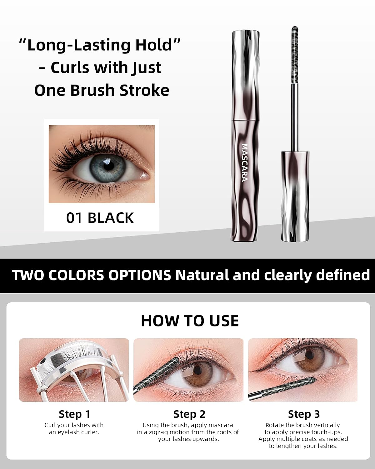 Black Washable Metal Rod Mascara - Waterproof Iron Wand for Volume & Length | 3D Curling, Smudge-Proof Fiber Lash