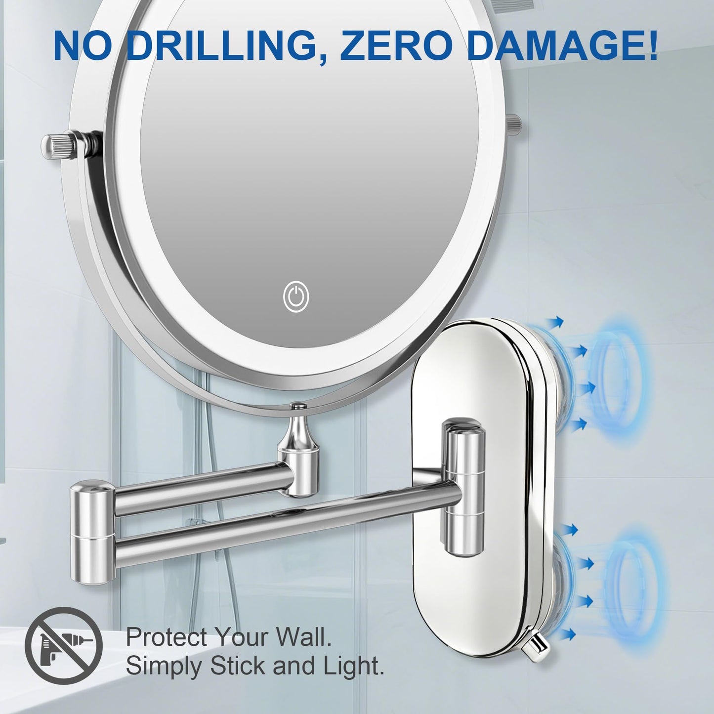 8“Lighted Makeup Mirror Wall Mounted Suction Cup,1X/10X Magnifying Mirror Rechargeable No Drilling Wall Mounted Makeup Mirror Swing Arm, 2000mAh USB Charging, Wall Mount for Bathroom & Shaving Chrome