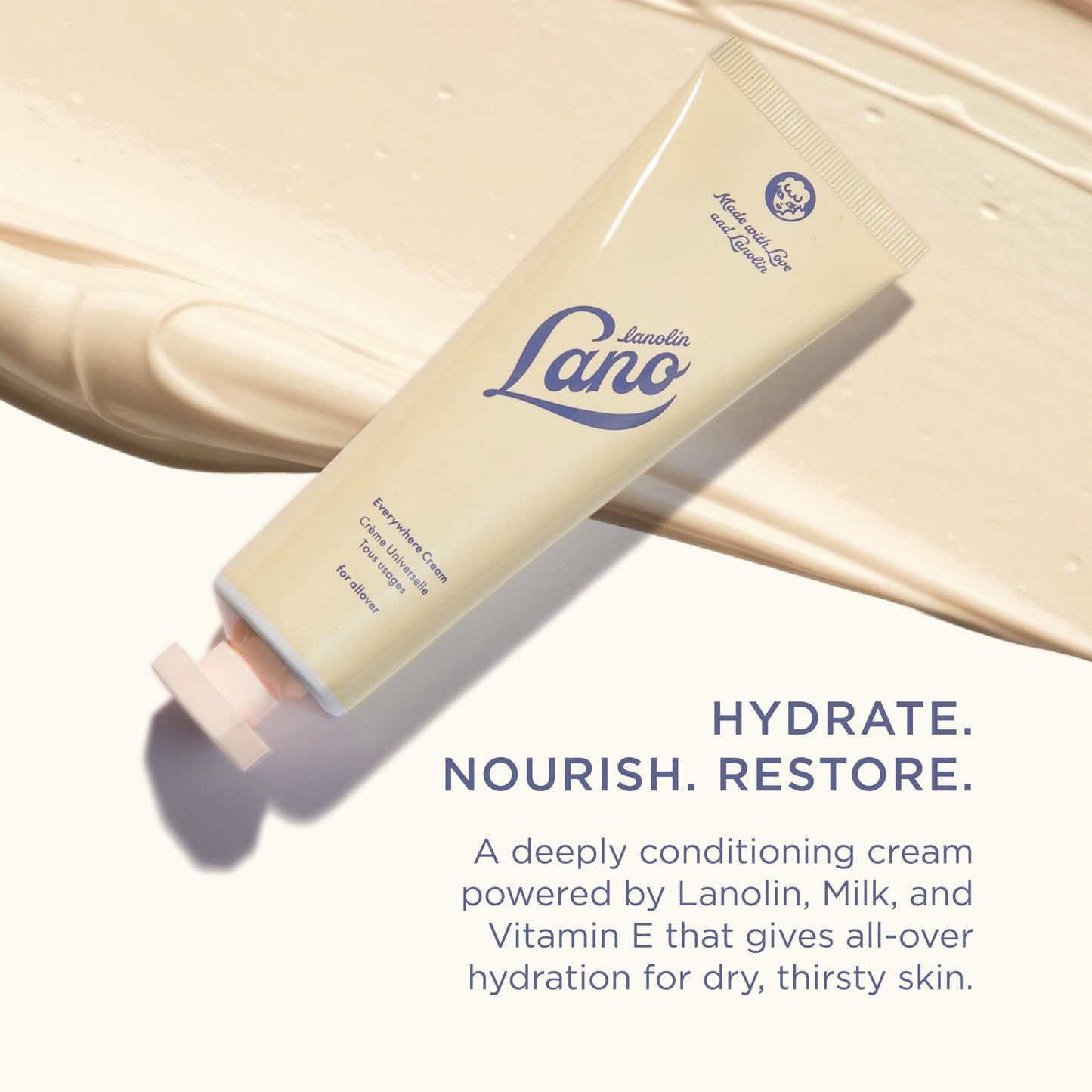Lanolips Everywhere Cream - Ultra Hydrating Vitamin E & Lanolin Cream Body Lotion & Face Moisturizer for Dry, Cracked Skin - Safe Skin Care & Body Care for Children & Babies (85ml / 2.9oz)