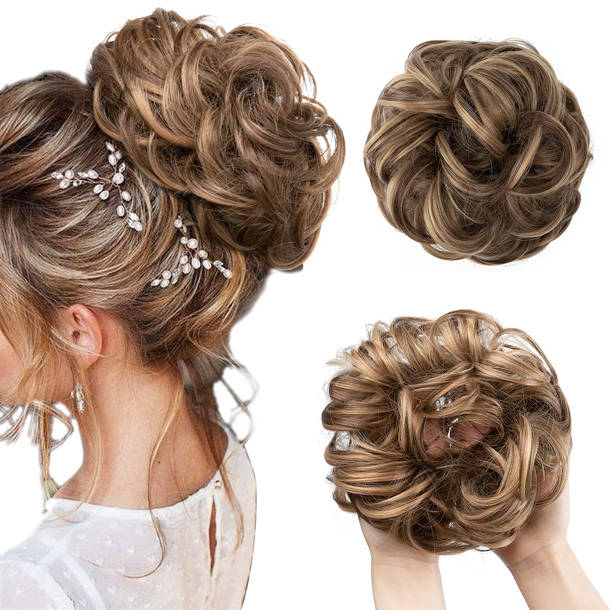 Large Messy Bun Hair Piece - Wavy Curly Synthetic Chignon Ponytail Extensions | Thick Updo in Light Auburn