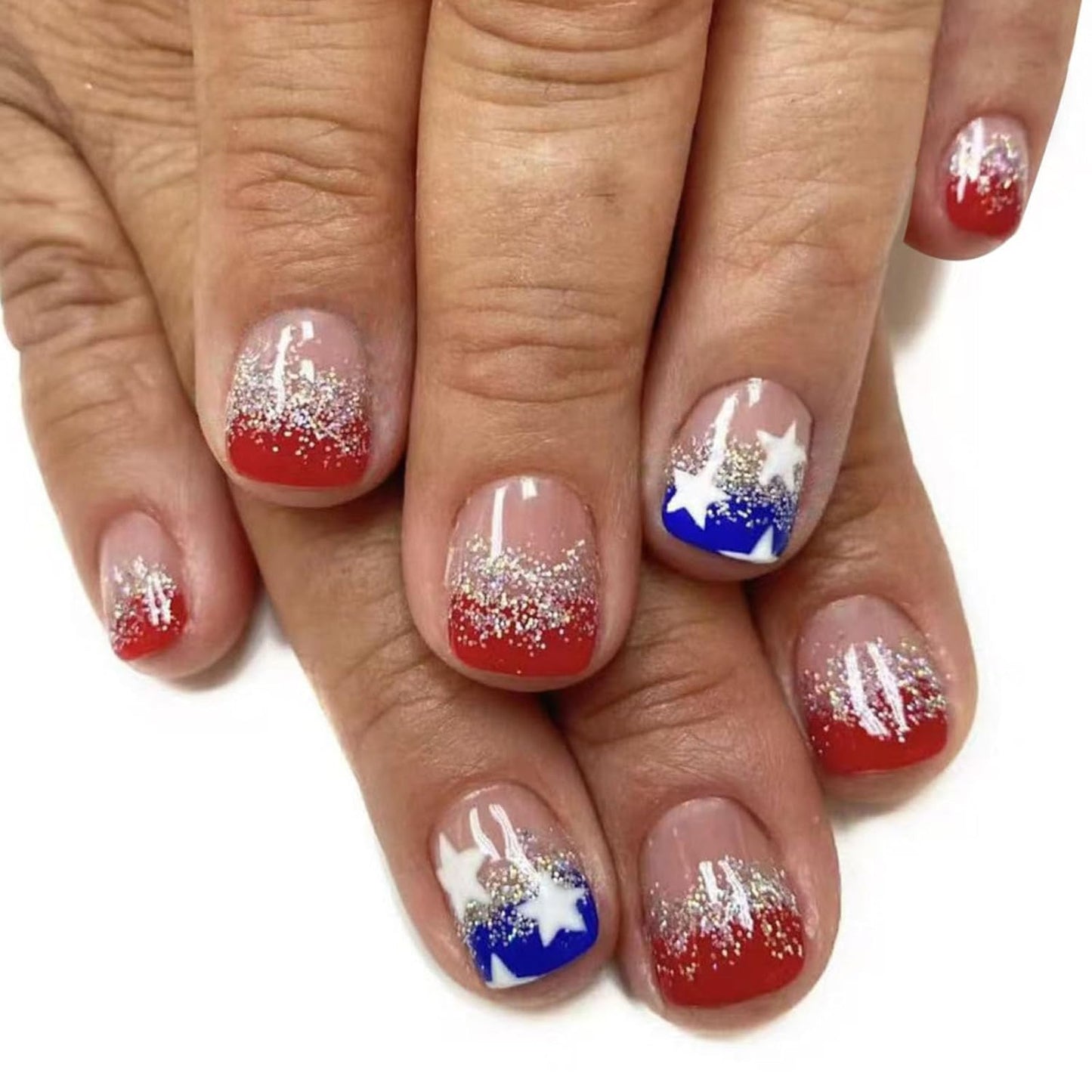 Press On Nails - Medium Square American Flag Glitter Design | 24Pcs Red, Blue & Gold 4th of July Fake Nails