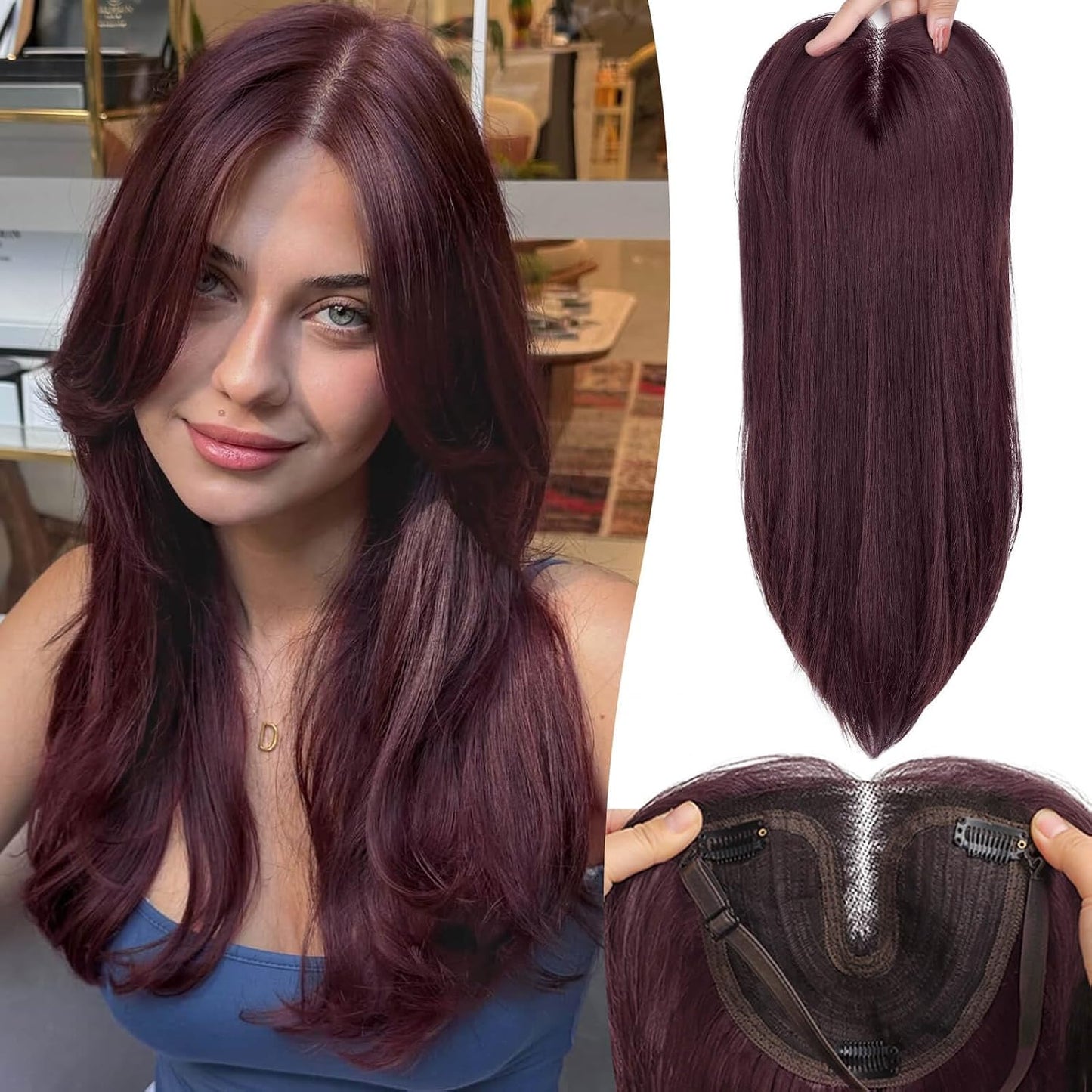 Ash Blonde Synthetic Hair Toppers with Platinum Highlights - 18" Long, 5x6" Base for Thinning Hair, Clip-In Wispy Bangs