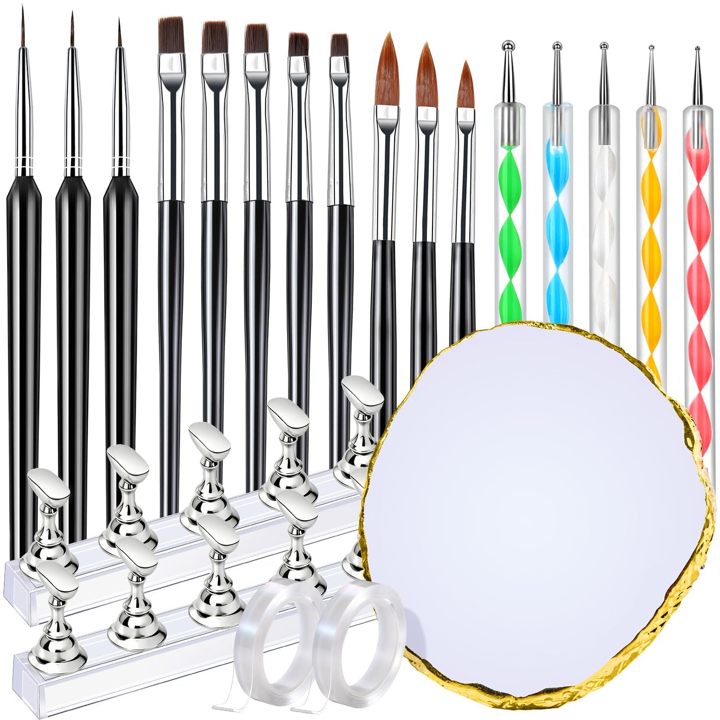 FANDAMEI Nail Art Brushes, Nail Brush Set With Nail Stand, Nail Holder For Painting Nails, Nail Art Tools, Nail Design Tools, 11PCS Nail Brushes For Nail Art, 5PCS Nail Dotting Tool, Nail Art Palette