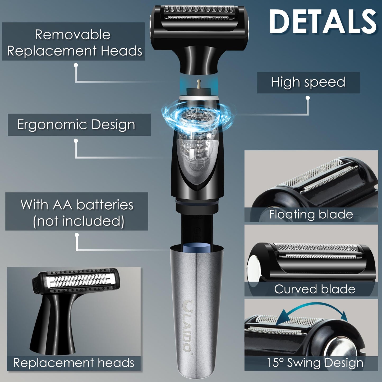 ULAIDO Electric Groin Pubic Hair Trimmer, Body Hair Trimmer for Men, Body Hair Groomers, Waterproof Wet/Dry Ball Trimmer for Full Body and Privates with Replacement Body Groomer Foil Heads