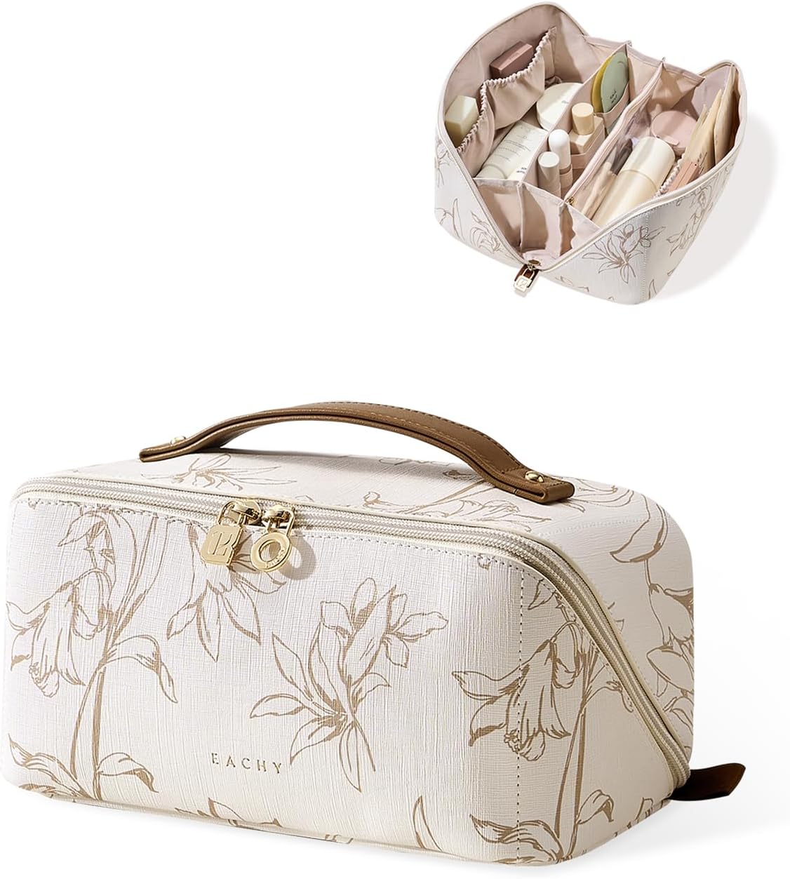 Travel Makeup Bag - Large Capacity Waterproof Cosmetic Pouch | Open Flat Design (Brown)