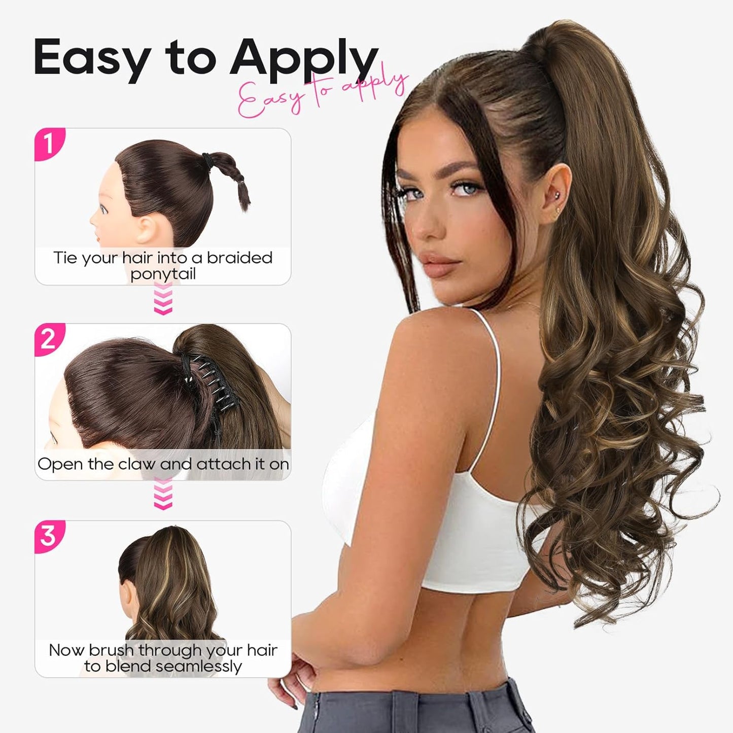 Ponytail Extension - 24" Claw Clip In Long Curly Wavy Hairpiece | Medium Blonde with Highlights