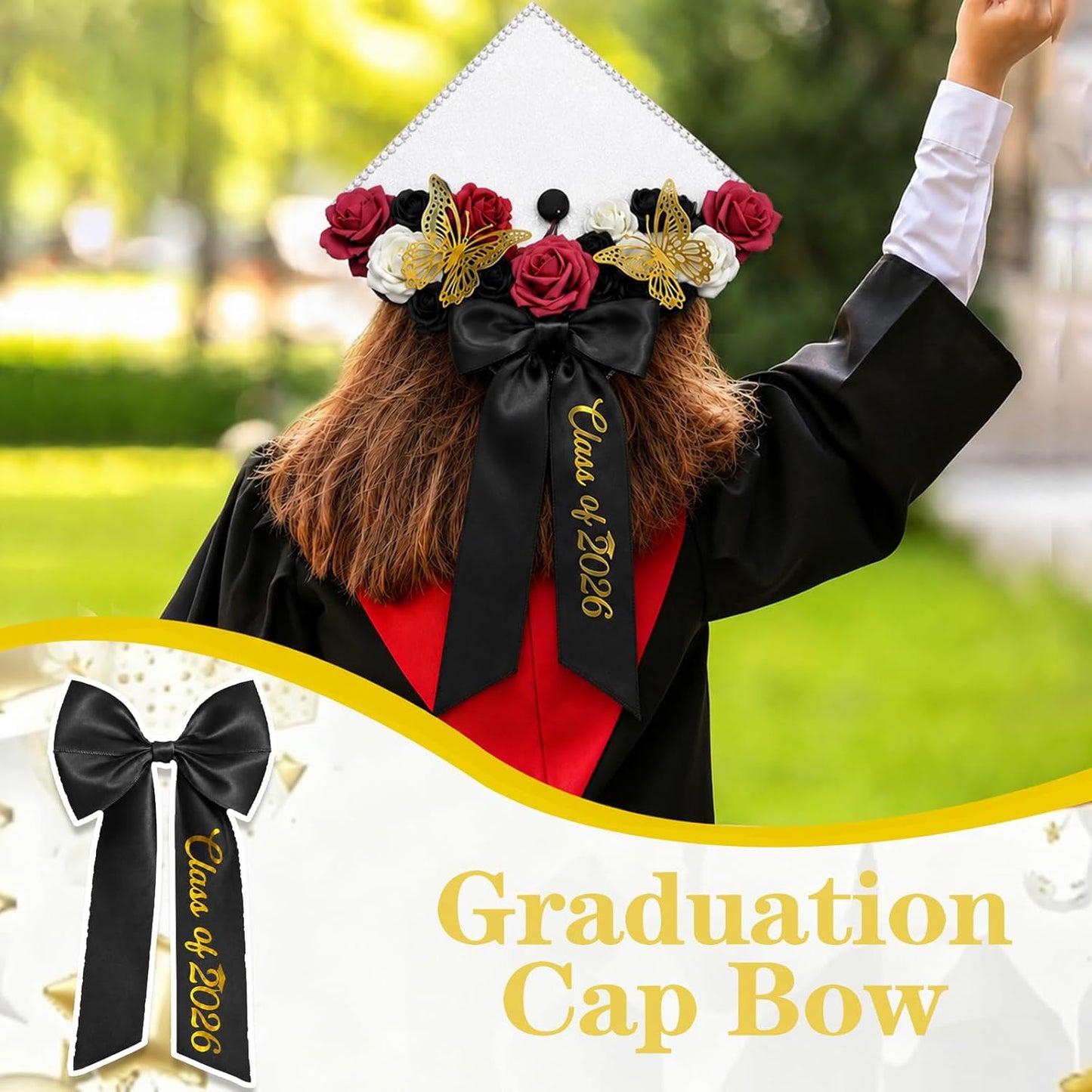 Graduation Cap Bow - Class of 2026 Satin Ribbon Hair Accessory | Black Embroidery Decor