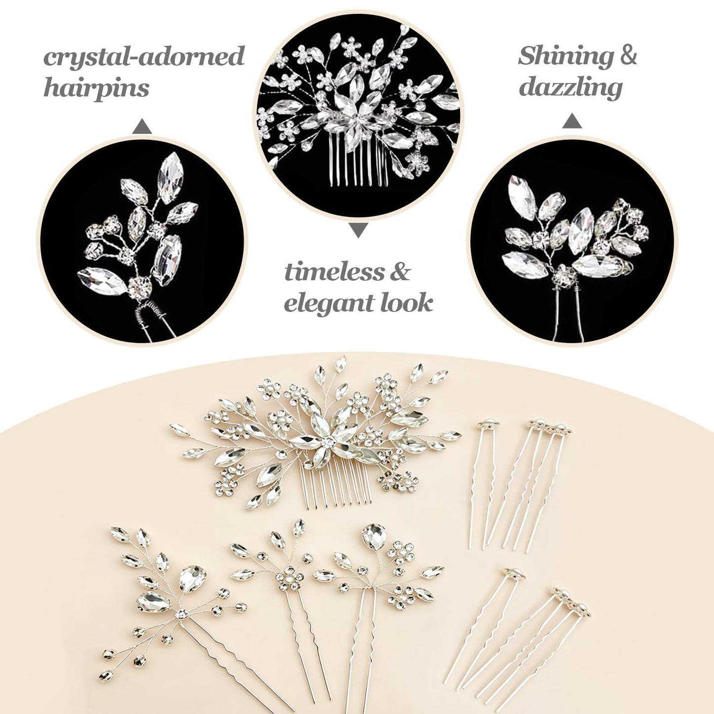 10 Pcs Silver Rhinestone Bride Hair Pins Set Crystal Bridal Hair Accessories for Women, Wedding Hair Piece for Brides Bridesmaids Flower Girls Classic Elegant Style