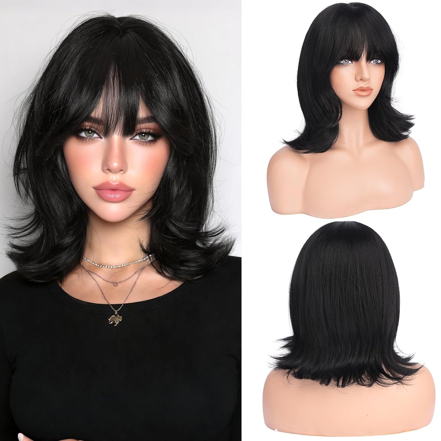 Brown Short Bob Wig with Bangs - Wavy Layered Shoulder Length | 14 Inch Synthetic Hair for Women