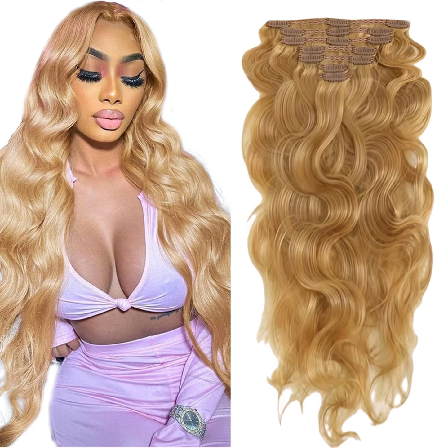 #27 Blonde Clip in Hair Extensions Real Human Hair, 32 Inch 120g/7Pcs,Full Shine Remy Human Hair,Honey Blonde Long Wave Clip ins Brazilian Virgin Human Hair Extensions