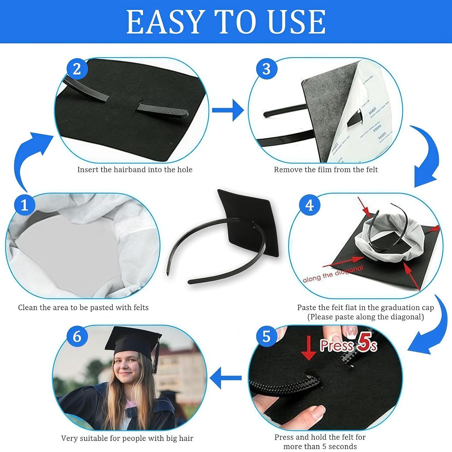 Graduation Cap Headband Insert - Adjustable Anti-Fall Hairband for Secure Hairstyle | Upgraded Design