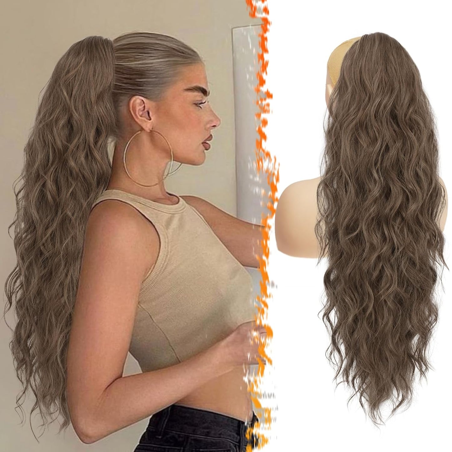 Highlight Ponytail Extension - 20 Inch Curly Wavy Drawstring Hairpiece for Women | Ash Brown & Blonde