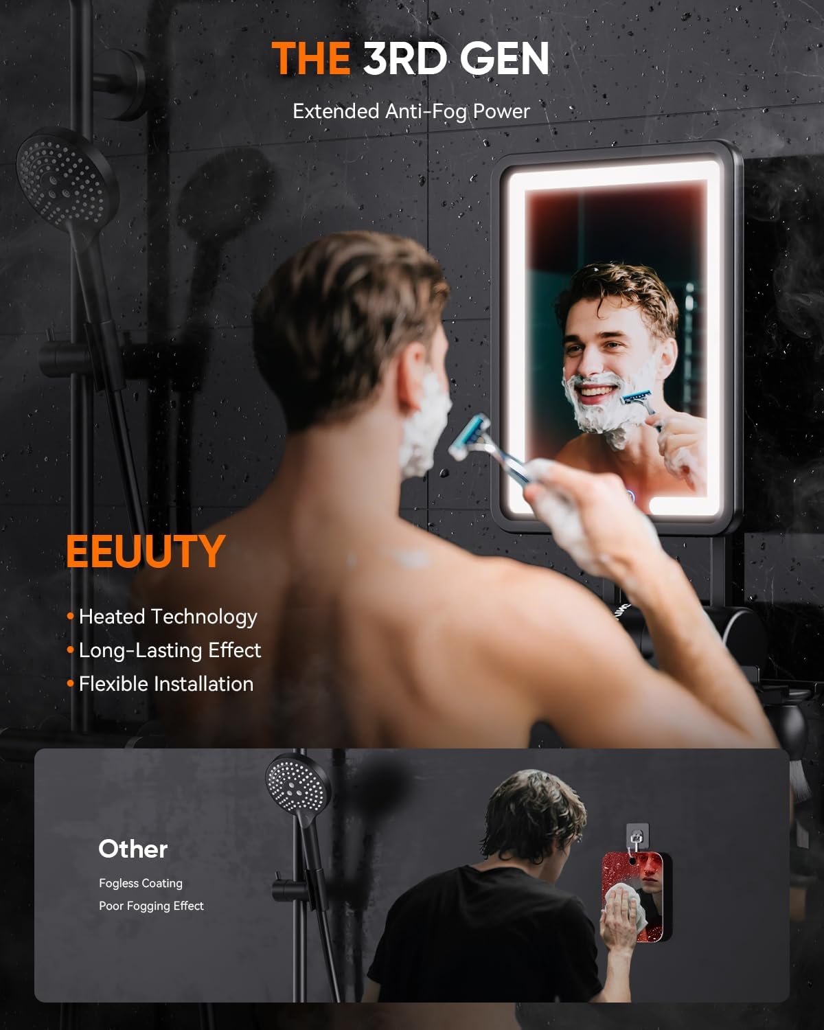 Heated Shower Mirror Fogless - Anti-Fog Shaving Mirror with Dimmable Lights | No-Drilling, Removable, Black