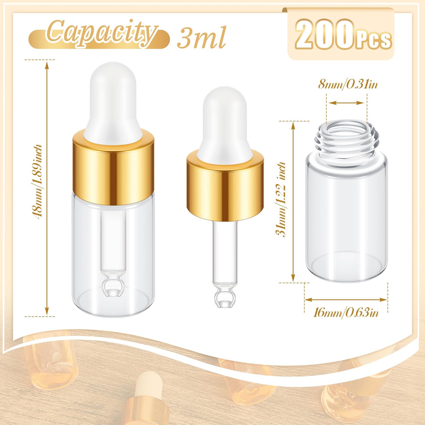 Didaey 200 Pcs 3 ml Mini Glass Oil Dropper Bottle Bulk, Clear Essential Small Empty Bottles Sample Containers Perfume Liquid Vials with Cap for Traveling (Champagne Gold)