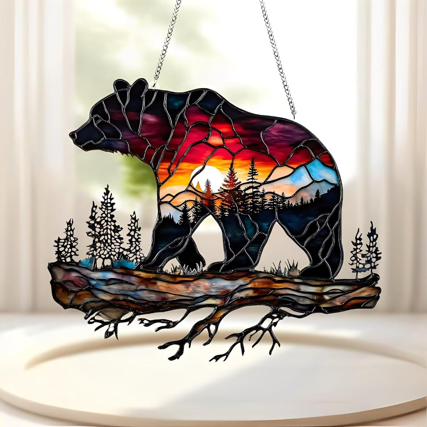 Bear on Branch Acrylic Suncatcher - 7.08 Inch Stained Glass Style Window Decor | Rainbow Maker Wall Art & Garden Ornament