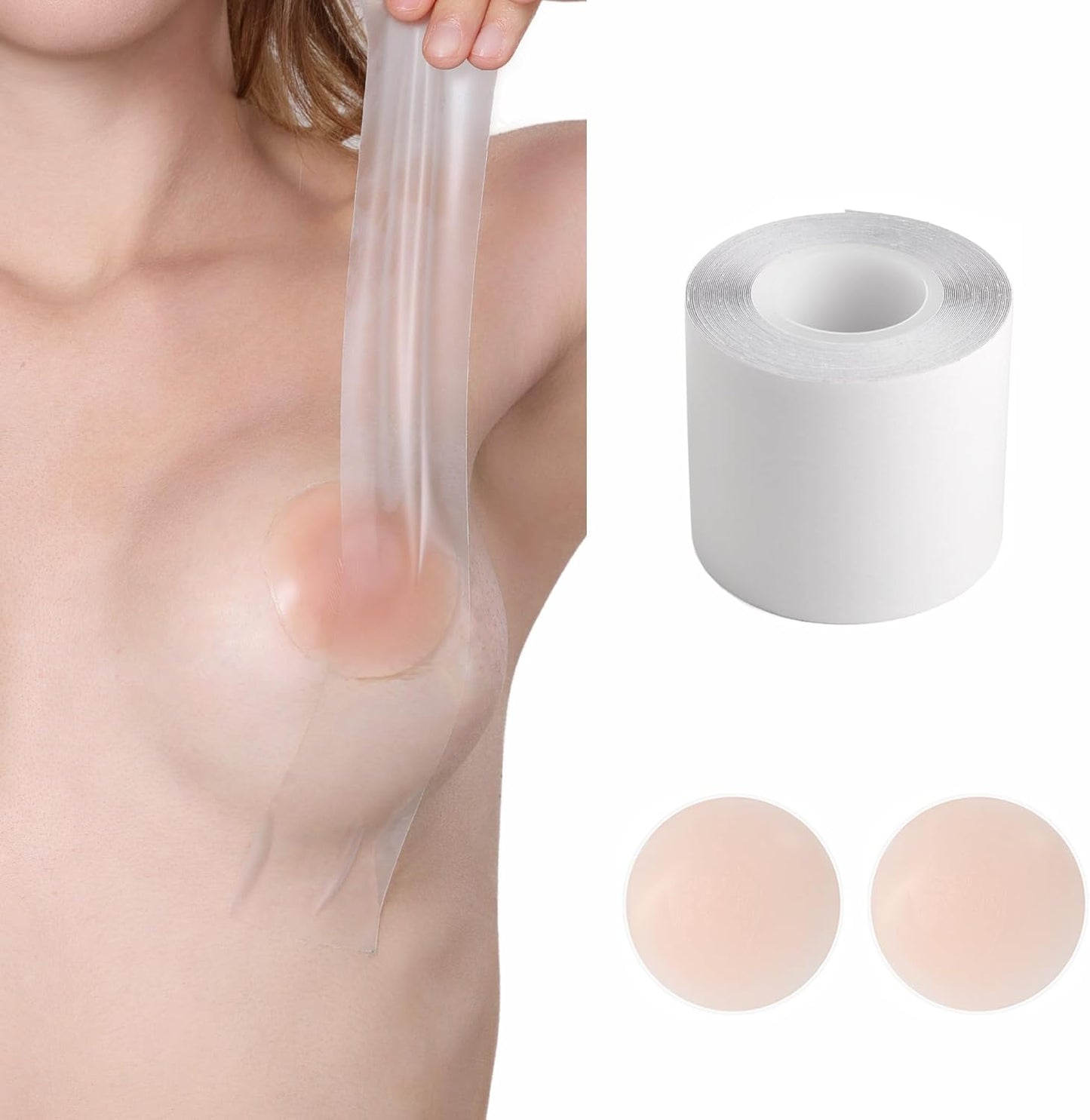 Clear Boob Tape - Self-Adhesive Breast Lift Tape with Reusable Silicone Nipple Covers | Fits A-G Sizes