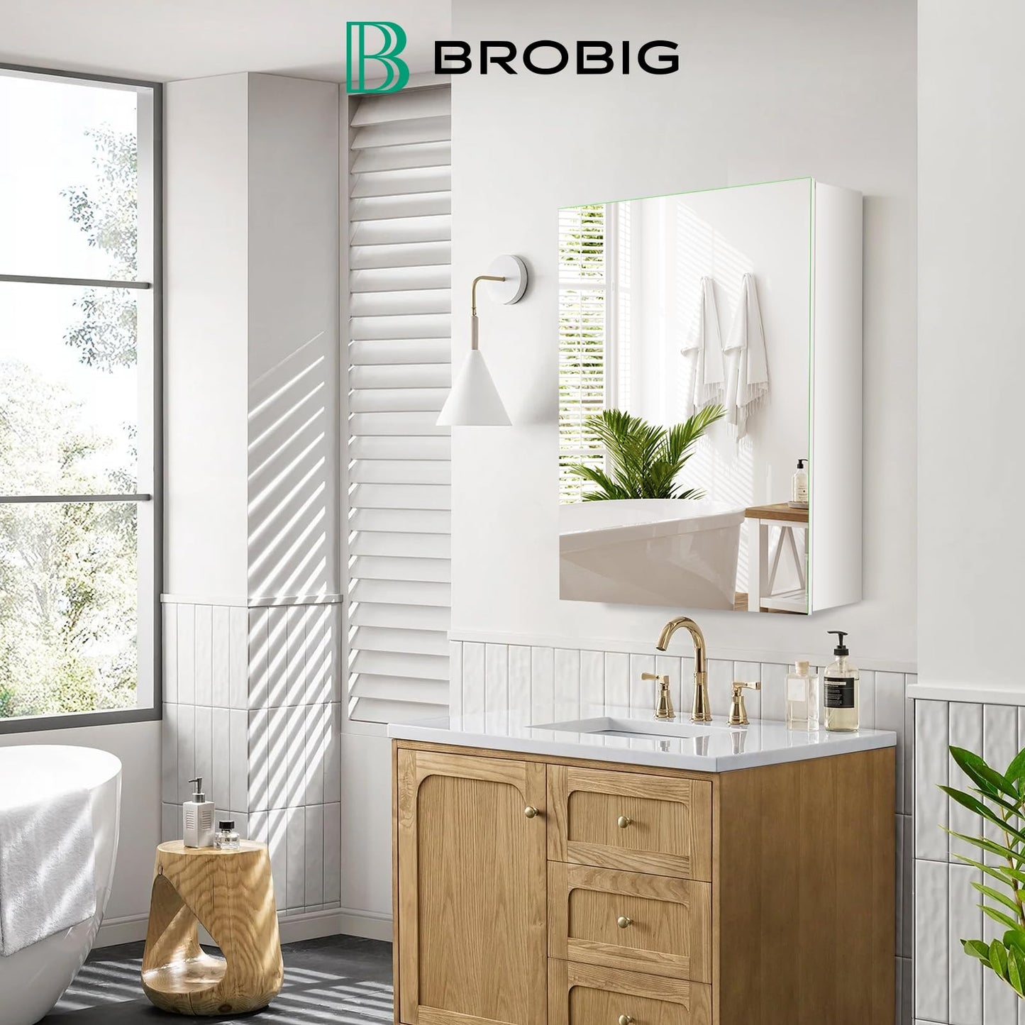 BROBIG 20 x 26 Medicine Cabinet Mirror, Moisture-Proof Aluminum Bathroom Medicine Cabinet with Mirror, Bathroom Mirror Cabinet with Adjustable Shelves, DTC Hinges, Recessed/Surface-Mounted