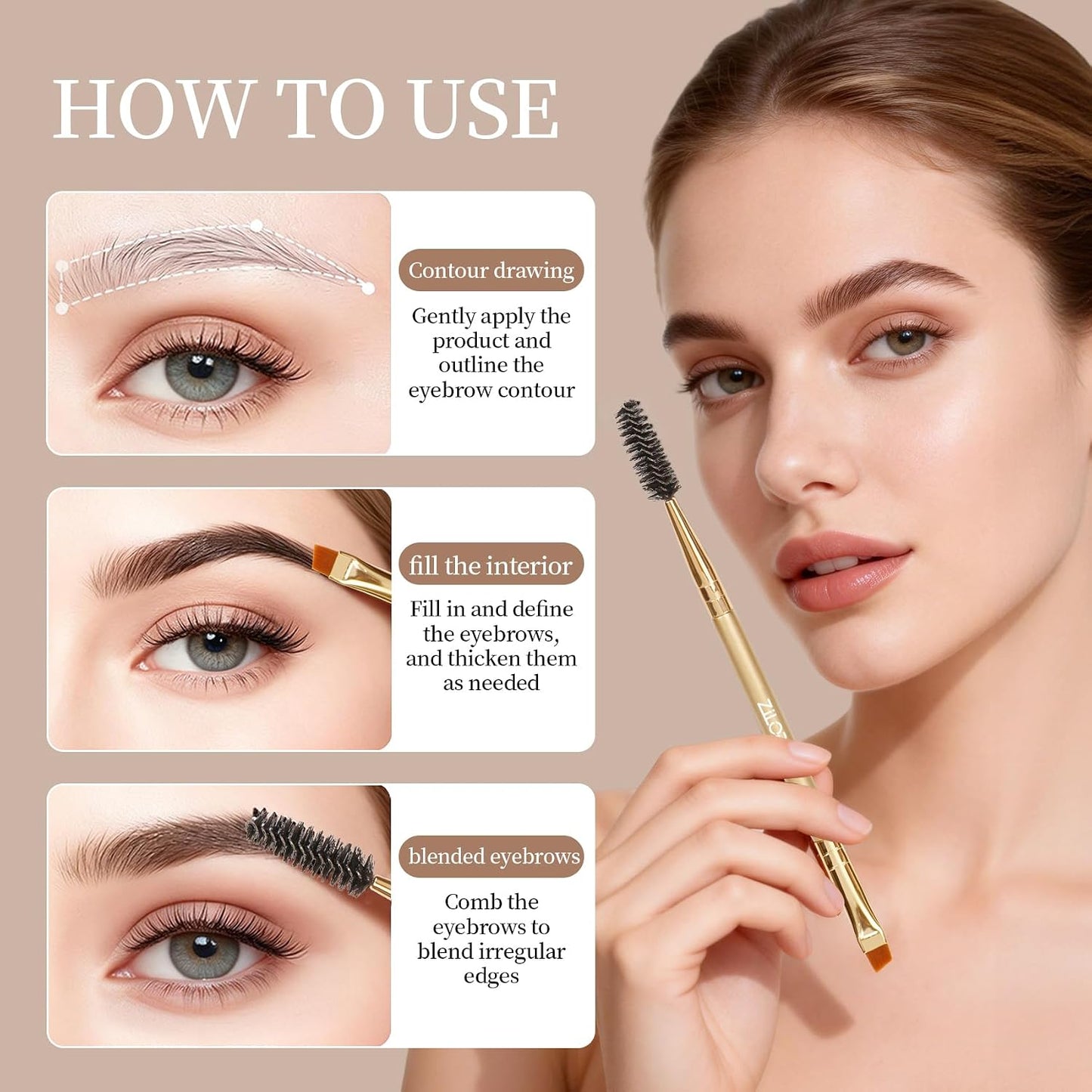 Dual Ended Eyebrow Brush Set - Premium Angled Brow Brush & Spoolie Duo | Soft Synthetic Bristles, Gold Finish
