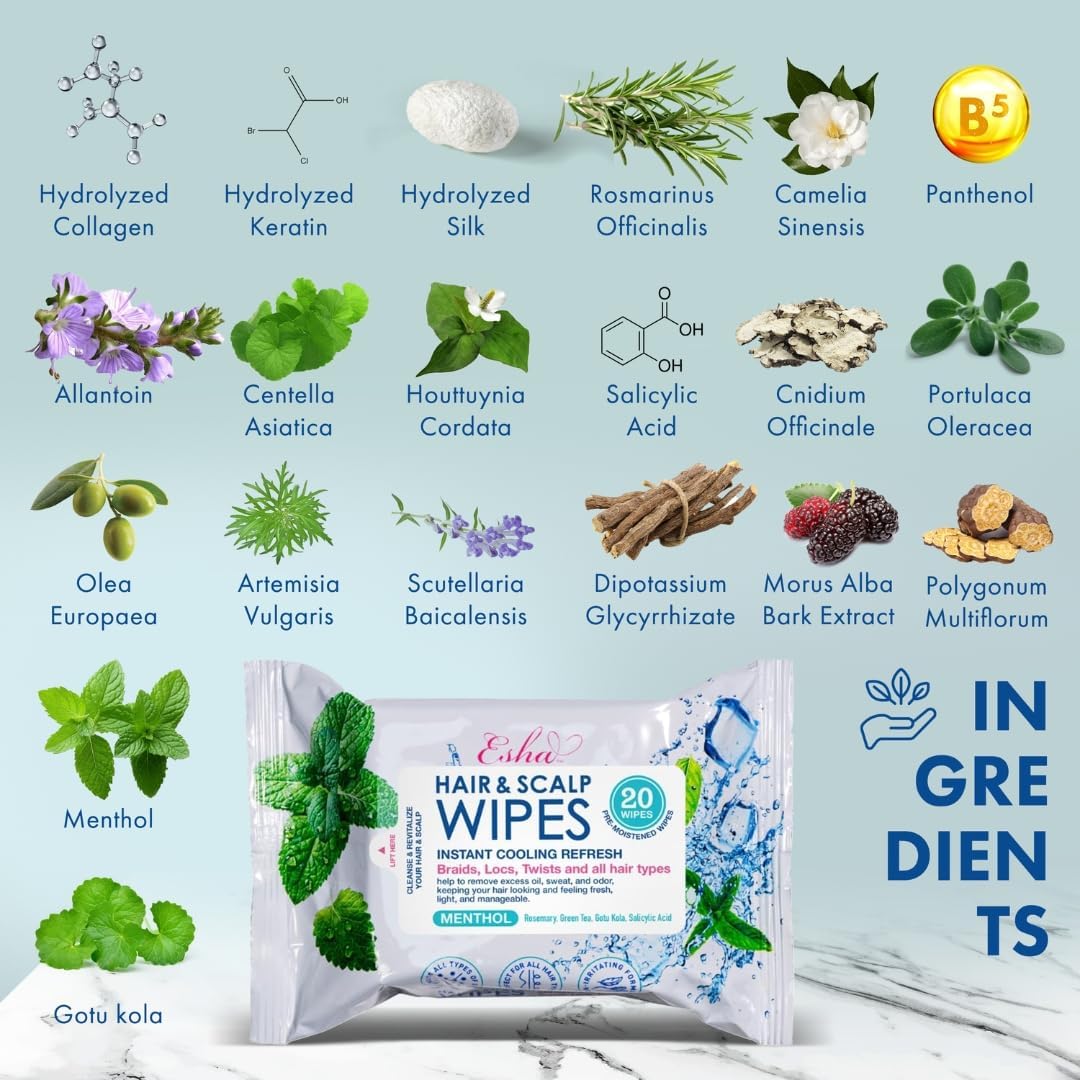 Esha Hair & Scalp Wipes - Instant Cooling Refresh for Braids, Locs & Twists | All Hair Types