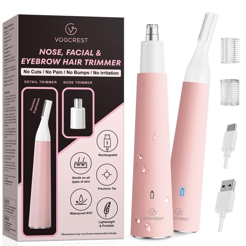 VG VOGCREST Nose Hair Trimmer for Women: Rechargeable Painless Eyebrow Trimmer - Low Noise Portable Facial Hair Removal for Ladies Aged 18-55 - Home Party Travel, Christmas Gifts (Bright Pink)