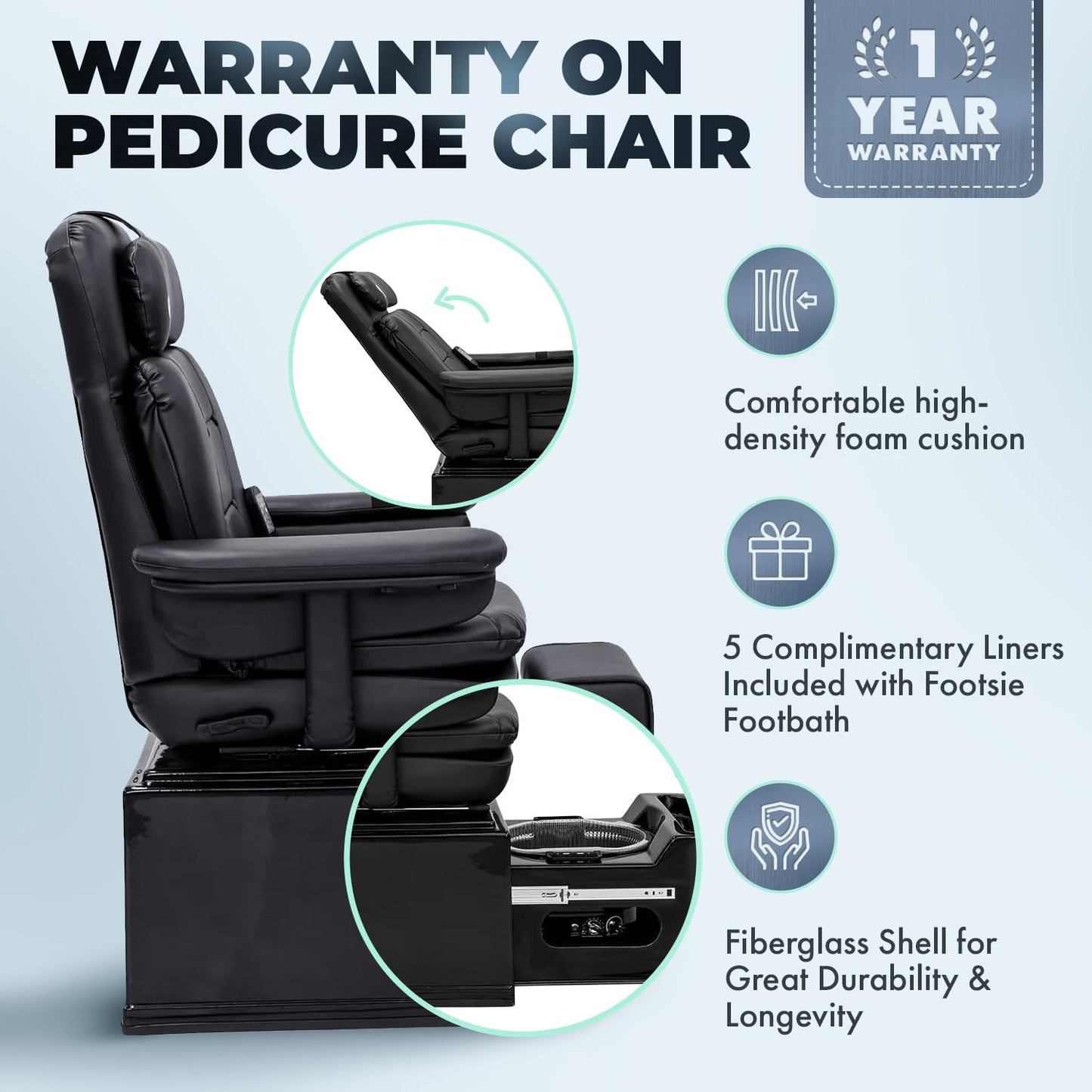 Pibbs PS92 No Plumbing Pedicure Spa Chair with Footsie Bath & Disposable Liners, Reclining Swivel Vibration Chair, Adjustable Footrest & Durable Fiberglass Base, Black, 57"x33"x16", PIB-PS92