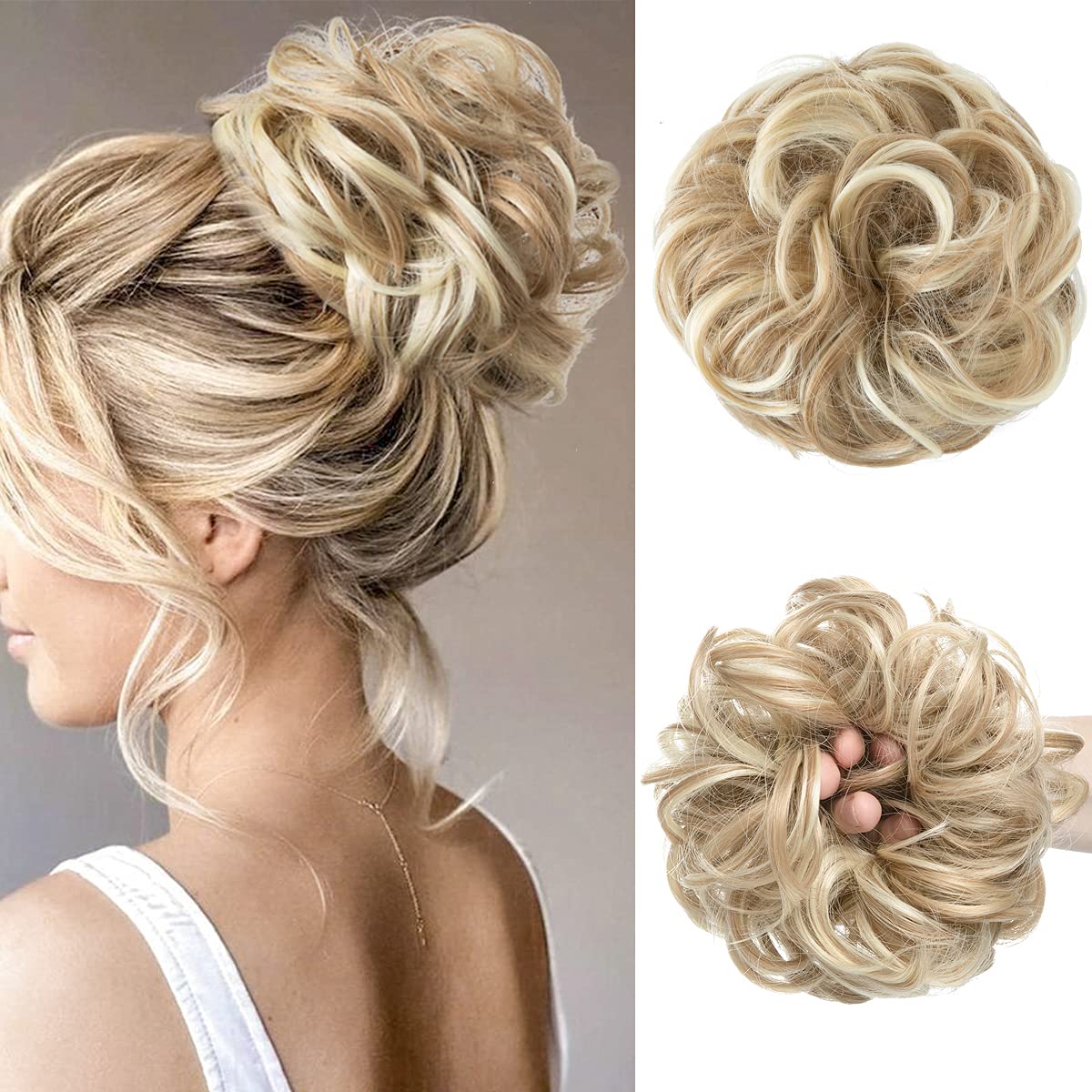 Large Messy Bun Hair Piece - Wavy Curly Synthetic Ponytail Extensions | Thick Updo in Pecan Blonde