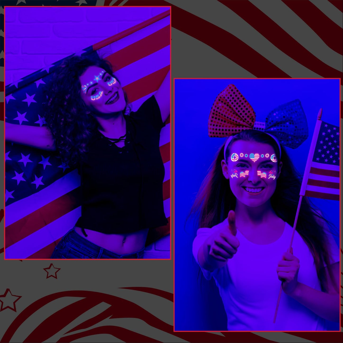 HOWAF 4th of July Temporary Tattoos-5 Sheets Glow Independence Day Face Tattoo 50+pcs Giltter USA Patriotic Tattoos Stickers, American Flag Red White Blue Tattoos Stickers for Face Body Decor
