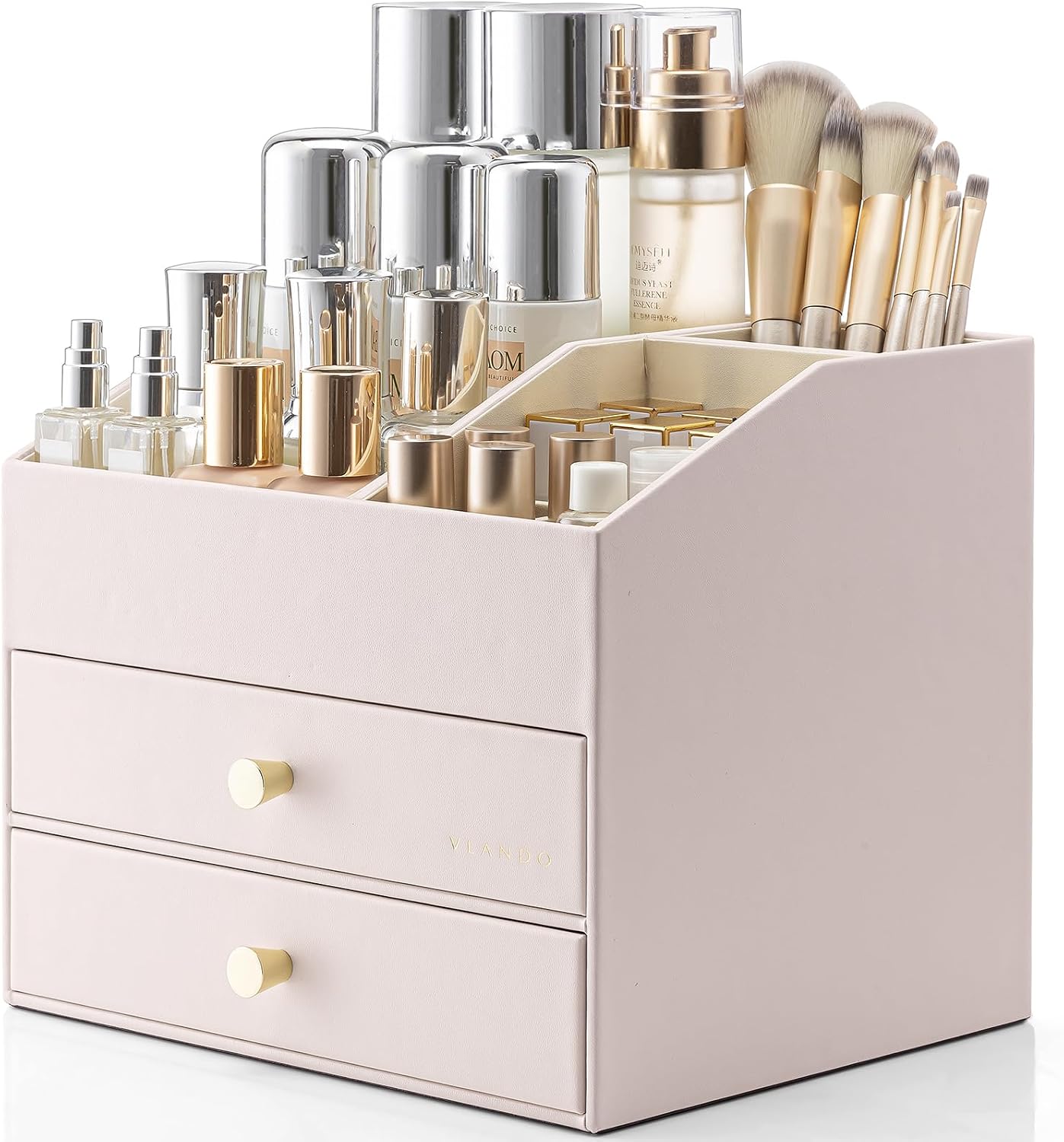 VLANDO Makeup Organizer - PU Leather Vanity Storage with Drawers | Beige Cosmetic & Skin Care Organizer for Women