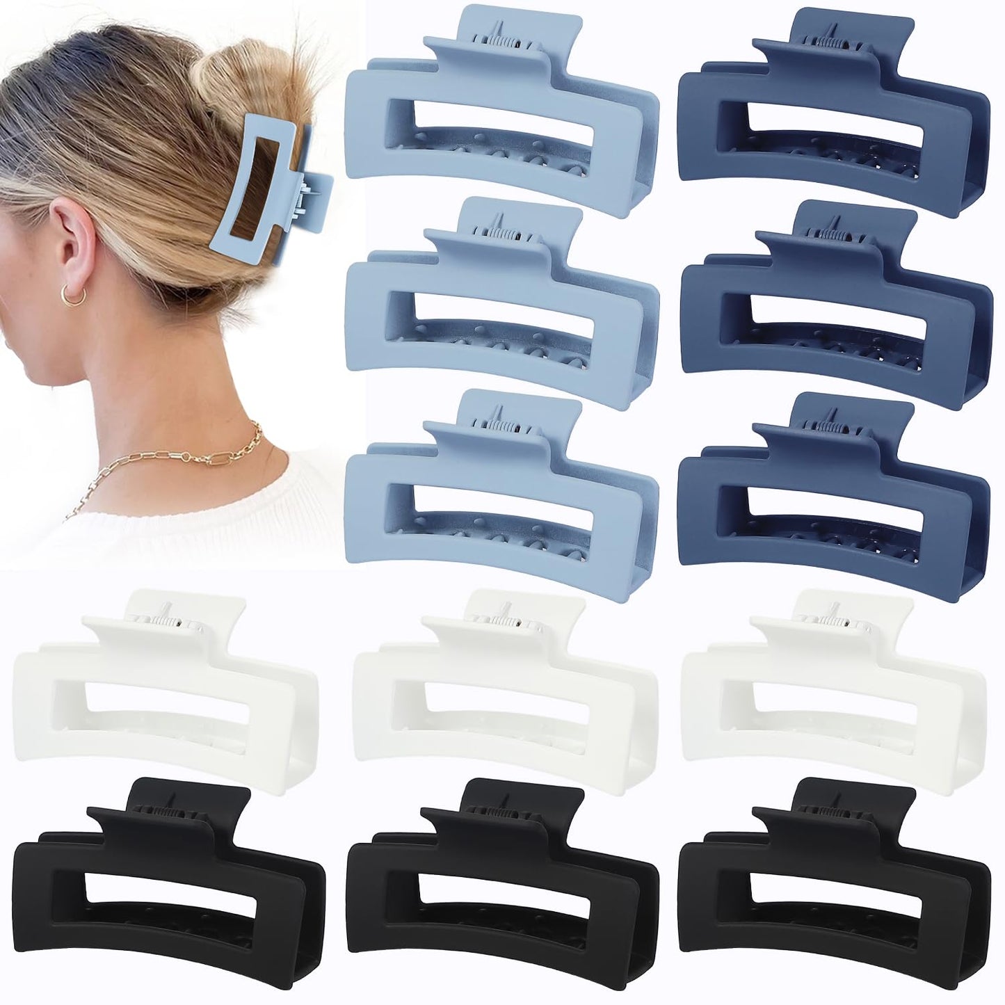 3.5 Inch Medium Hair Accessories - 12 Pcs Square Jaw Clips for Thick & Thin Hair | Rectangular Basic Color Clips for Women & Girls