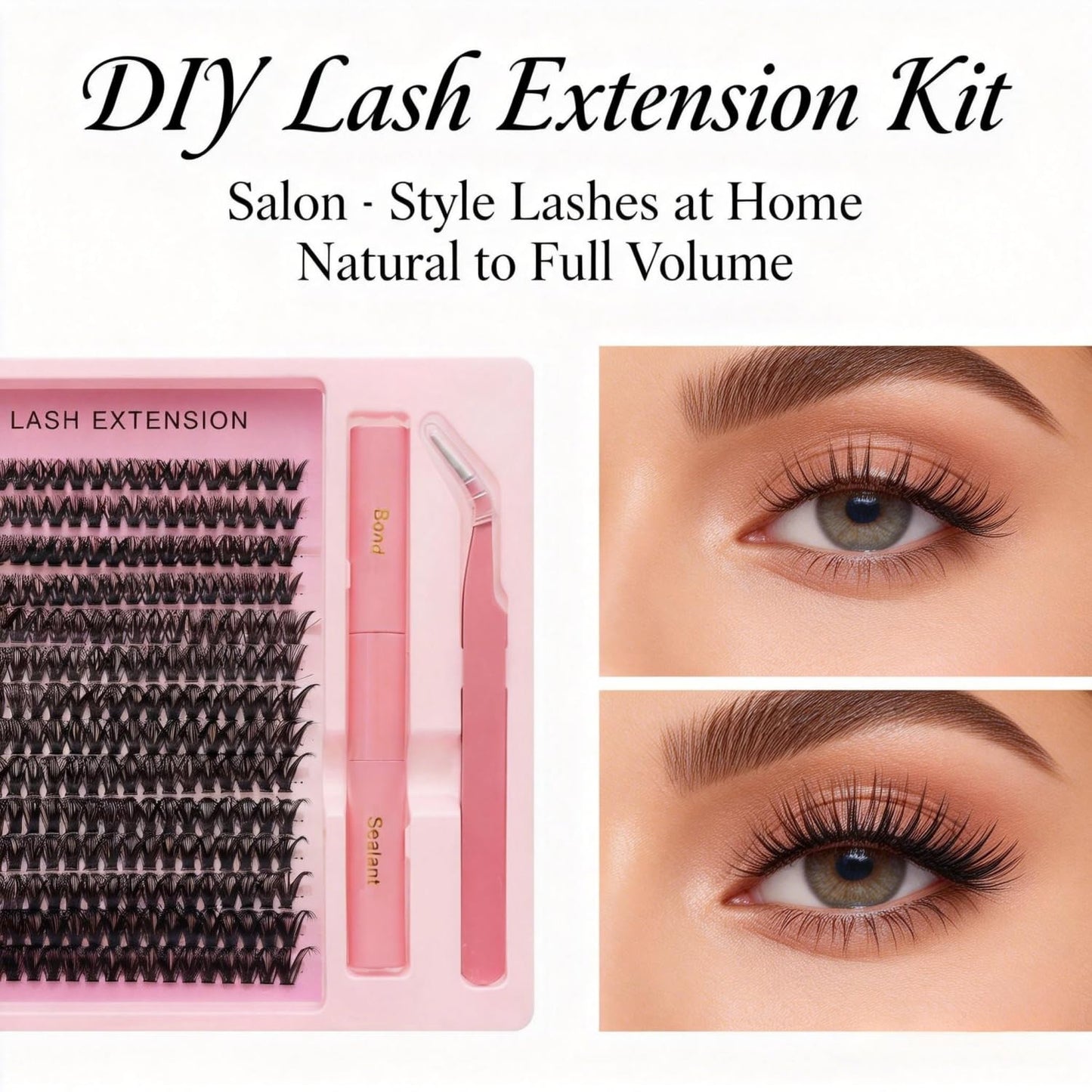 DIY Lash Extension Kit, 280PCS 60D Individual Cluster Lashes, Mixed Length 9–15mm, Bond and Seal with Applicator, At Home Lash Extensions for Natural Full Volume Look