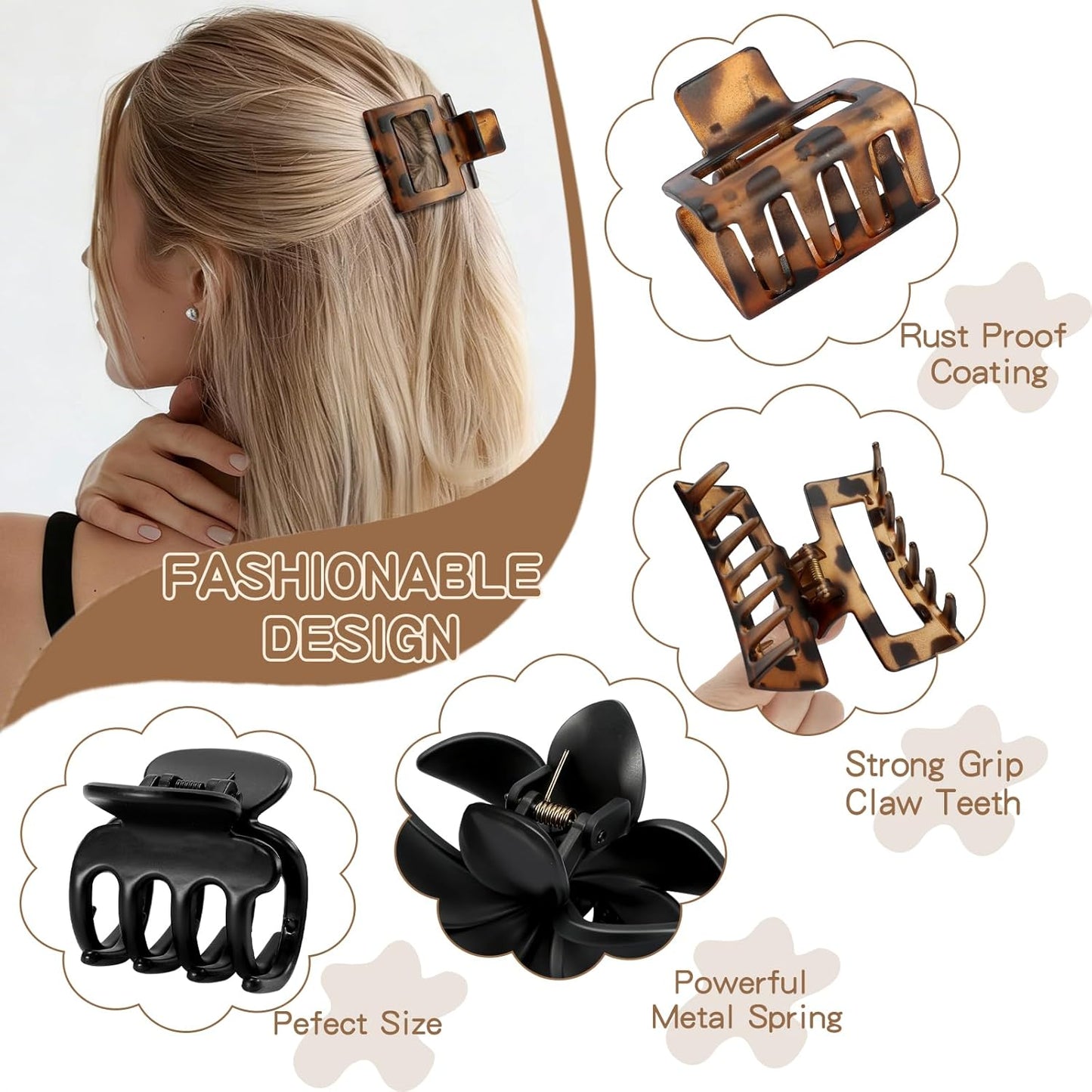 Matte Hair Clips for Women - 8 Pcs Strong Hold Non-Slip Claw Clips | Flower & Rectangle Styles in Deep Leopard