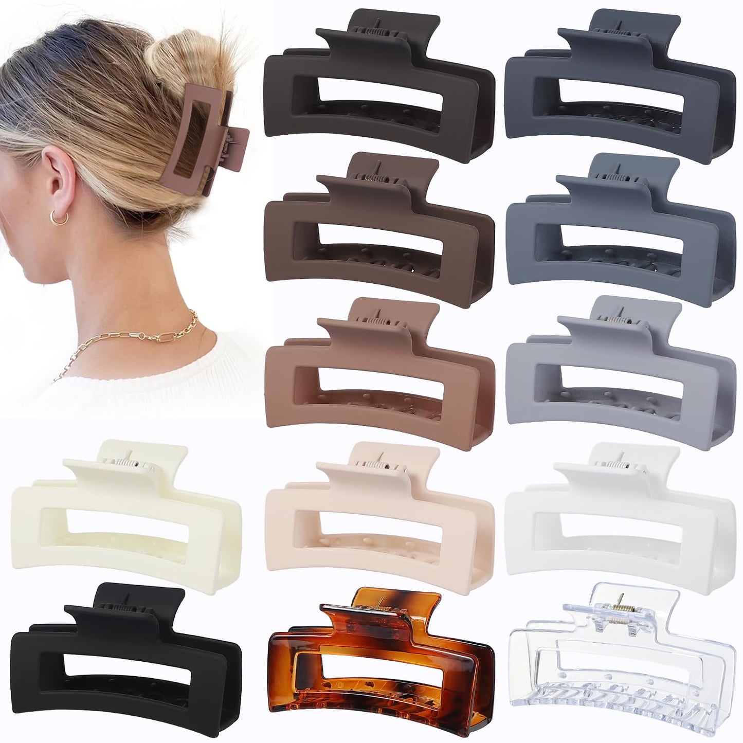 3.5 Inch Medium Hair Accessories - 12 Pcs Square Jaw Clips for Thick & Thin Hair | Rectangular Basic Color Clips for Women & Girls