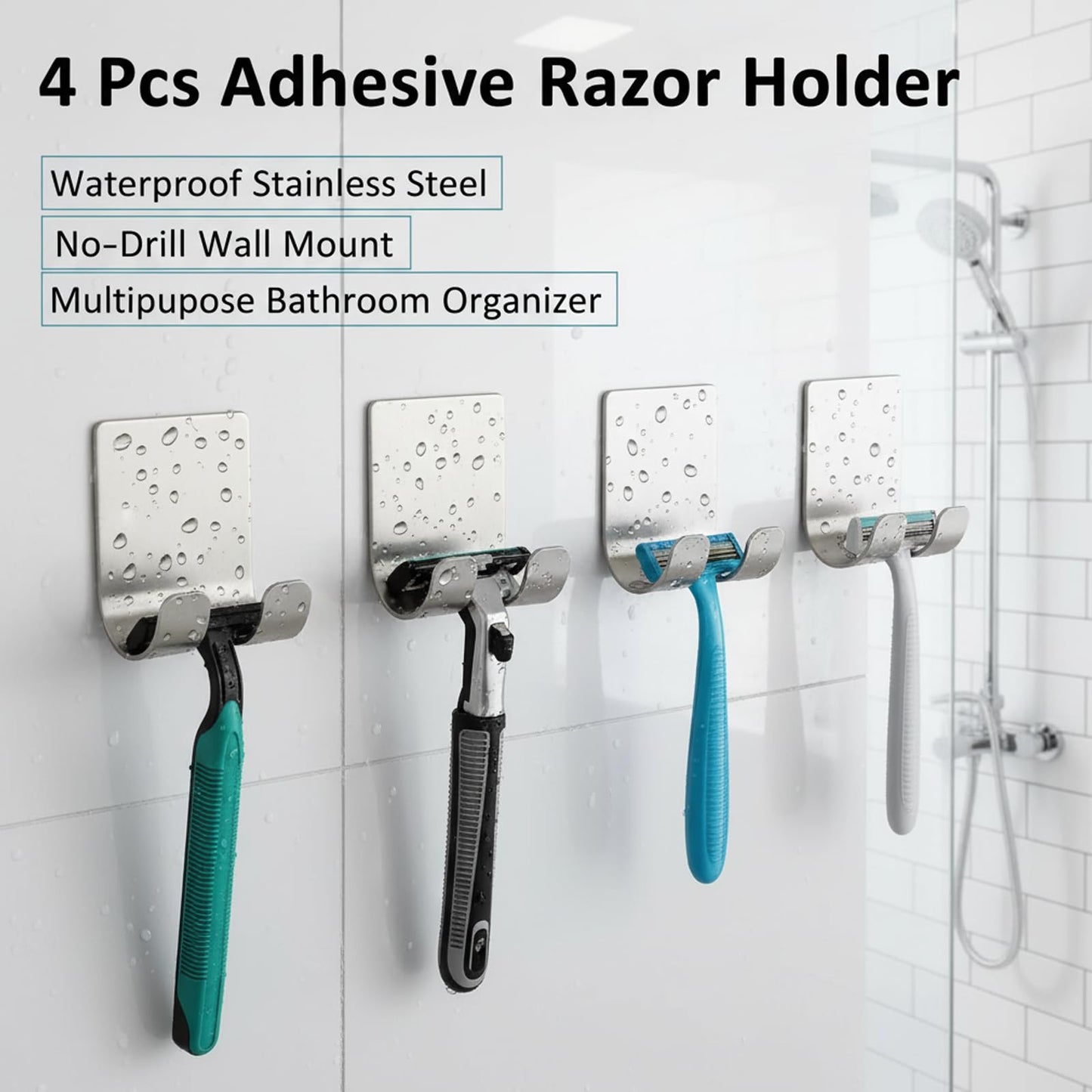 4 Pcs Adhesive Razor Holder for Shower, Waterproof Stainless Steel Razor Hook, No-Drill Wall Mount Shaver Hanger, Multipurpose Bathroom Organizer Hooks (Silvery)