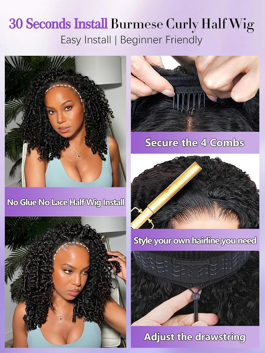 Burmese Curly Half Wig - 28 Inch 180% Density Human Hair | Glueless, Beginner-Friendly Design for Black Women