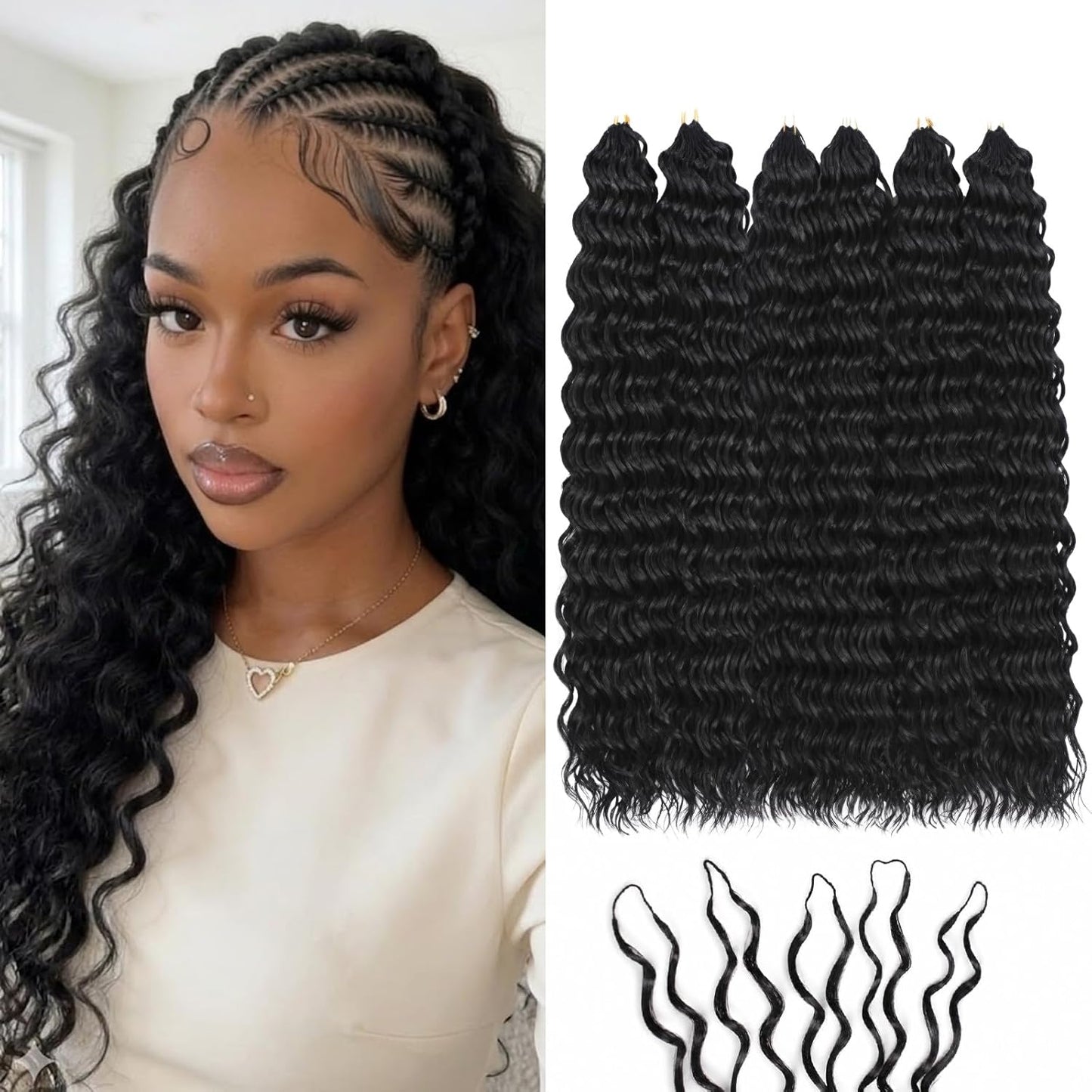 Miracle Knots Deep Wave Crochet Hair Extensions - 14" Hand-Tied Synthetic, Glue-Free Knotless Pieces | Natural Black