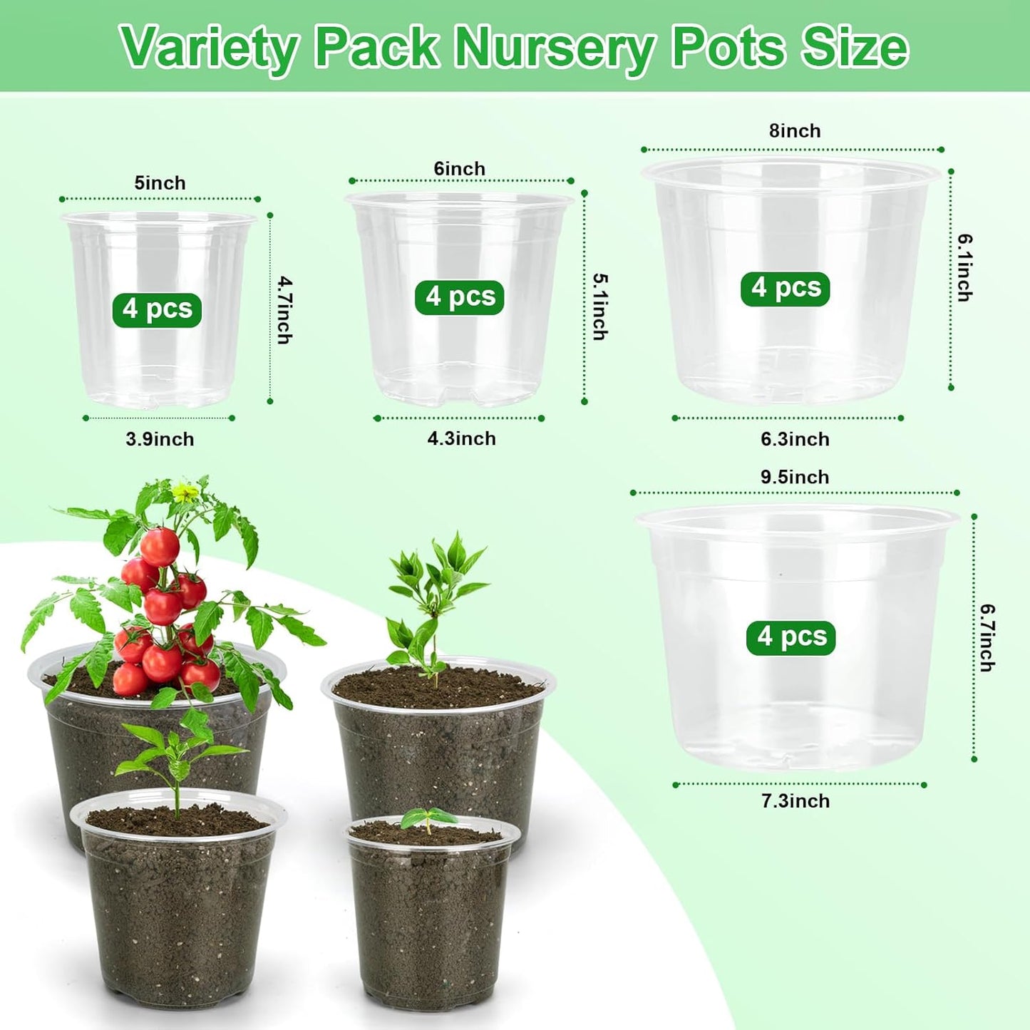 Large Clear Nursery Pots - 10/8/6/5 Inch with Drainage Holes | 16 Pack Plastic Plant Pots for Succulents & Seedlings