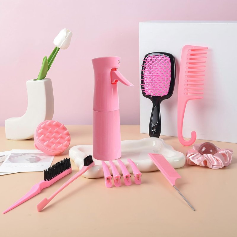 Hair Brush Set - 12 Pcs Detangling Brushes & Spray Bottle for Toddlers, Women | Curly Hair Care (Pink)