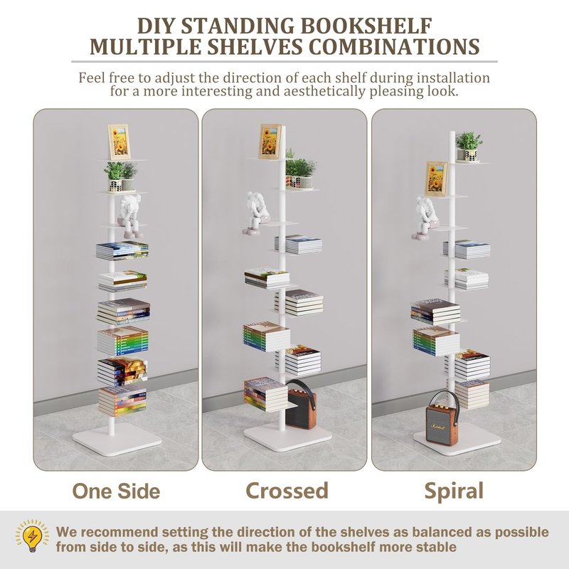Nynelly 9-Tier Metal Spine Bookshelf - Heavy Duty Vertical Book Tower, White Open Bookcase, Floor Standing Tall Narrow Book Shelf for Small Space Living Room Office Decor, Industrial Book Organizer