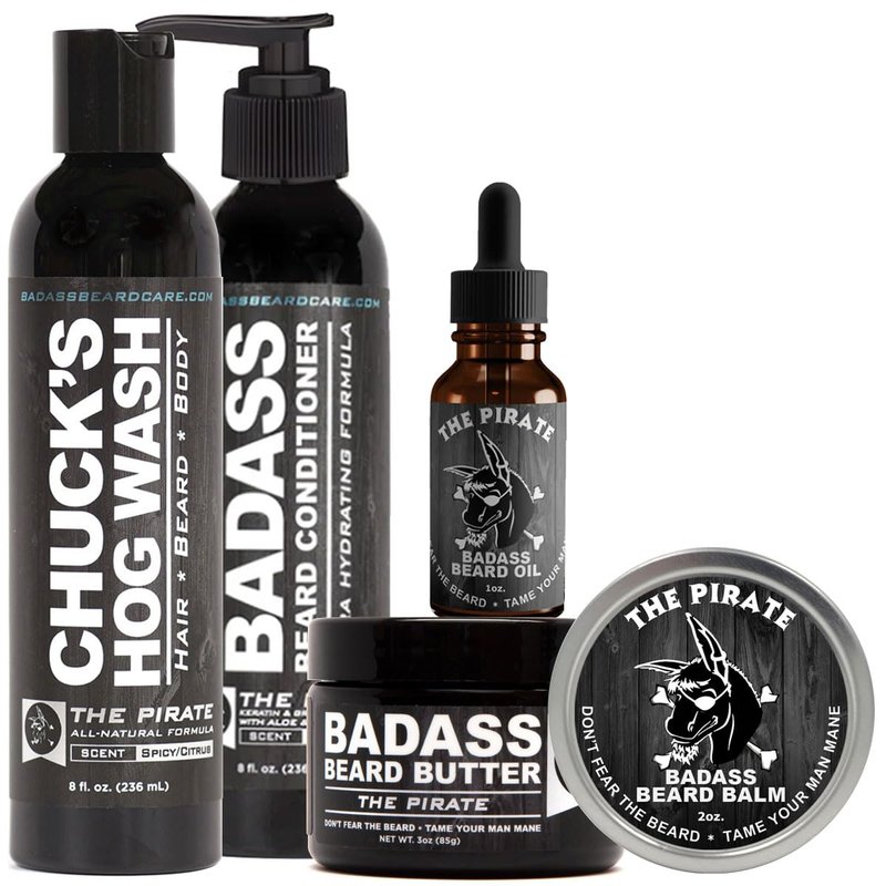 Badass Beard Care Complete Beard Care Kit - 5 Full Size Essentials - Includes Beard Oil, Beard Balm, Beard Butter, Wash and Conditioner - Promotes Fuller & Thicker Beard Growth (The Pirate)
