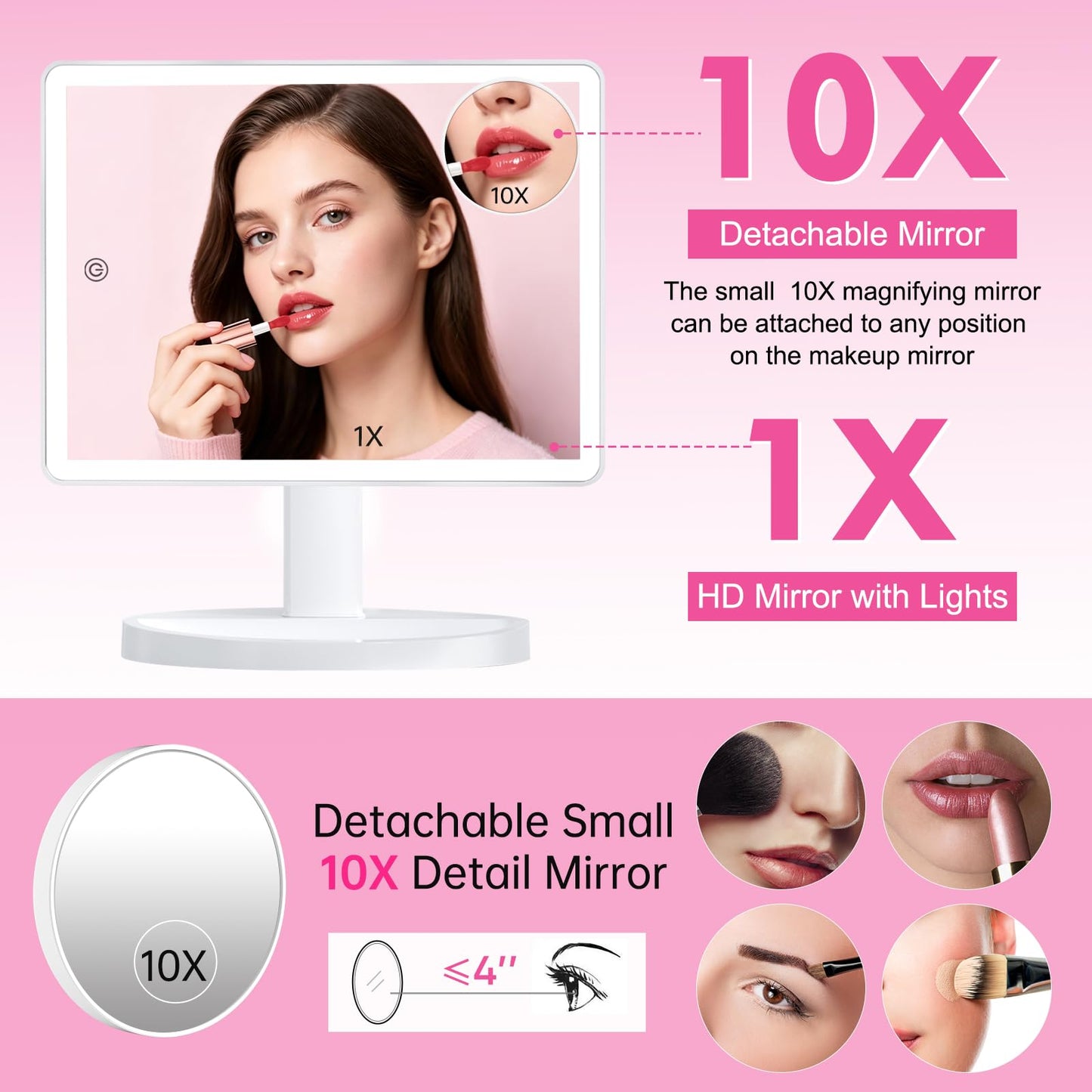 Funtouch Large Lighted Vanity Makeup Mirror with 88 LED, 360 Rotation Touch Screen, 10X Magnification Portable Tabletop Cosmetic Make Up Mirror