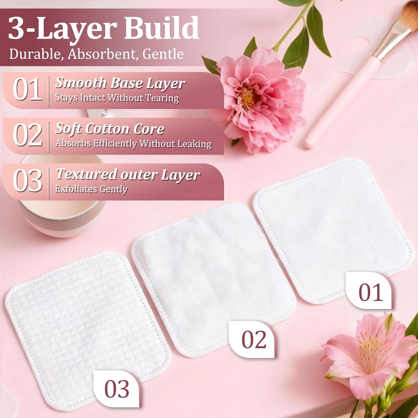 Large Cotton Pads for Face - Lint-Free, Triple-Layer Makeup Remover | 150 Count, No Tear, Upgraded Edges